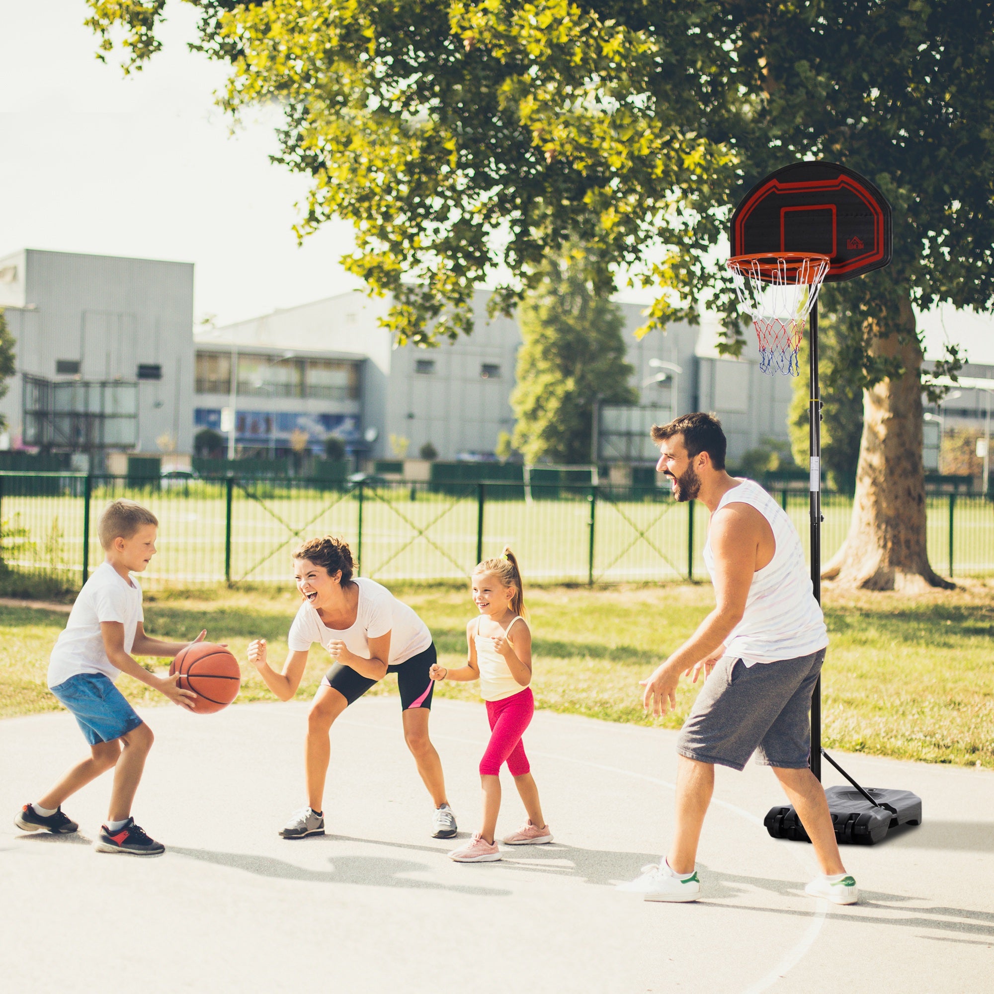 Outdoor Basketball Hoop with Pole, Panel, Weighted Base on Wheels Adjustable Height 2.1-2.6m (Hoop) - Black and Red