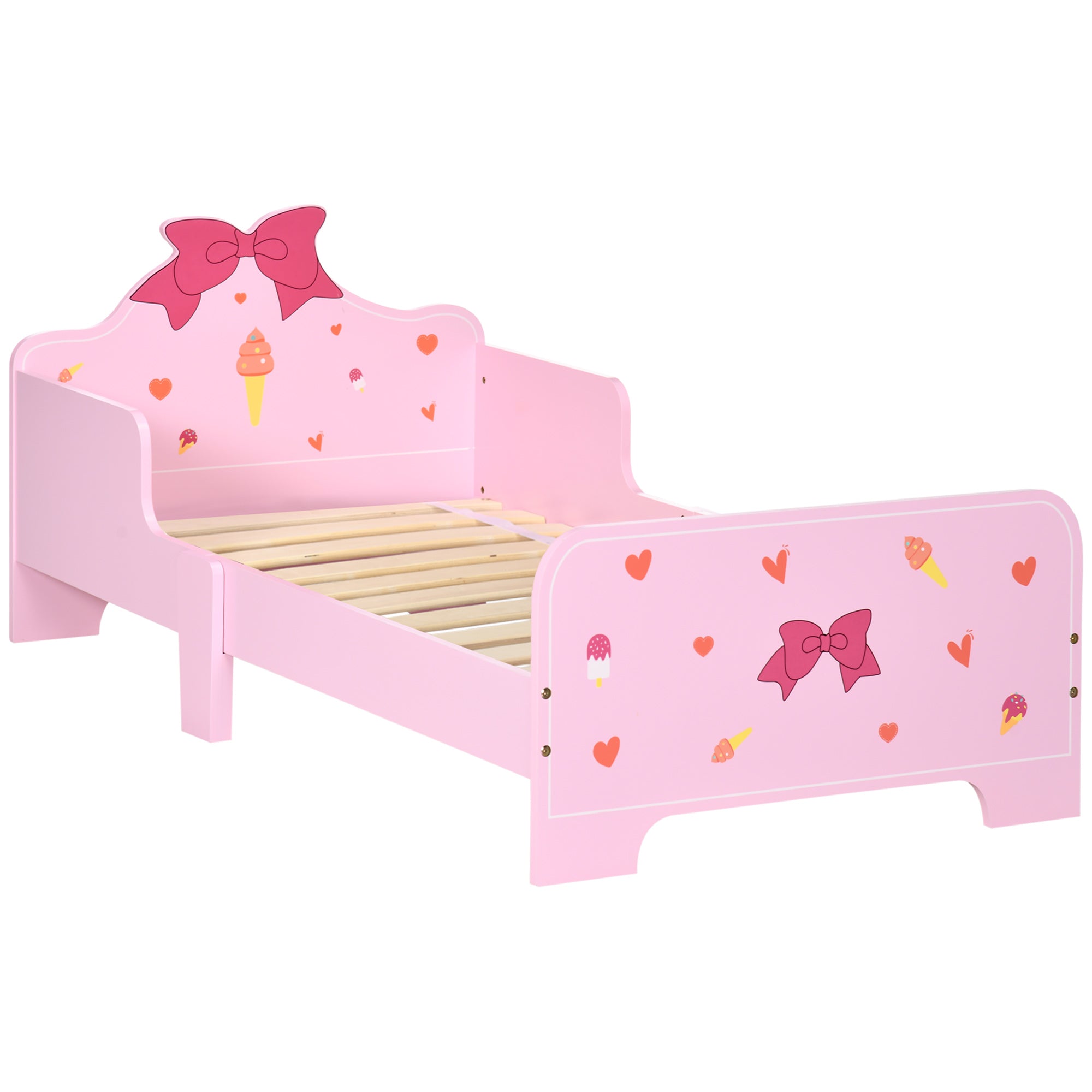 ZONEKIZ Wooden Children's Bed 143x74x59 cm Bed for Kids 3-6 Years with Protection Rails Max Load 80 kg Modern Pink Bedroom Furniture