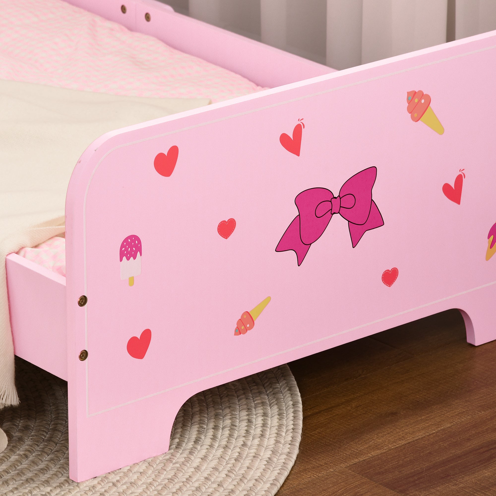 ZONEKIZ Wooden Children's Bed 143x74x59 cm Bed for Kids 3-6 Years with Protection Rails Max Load 80 kg Modern Pink Bedroom Furniture