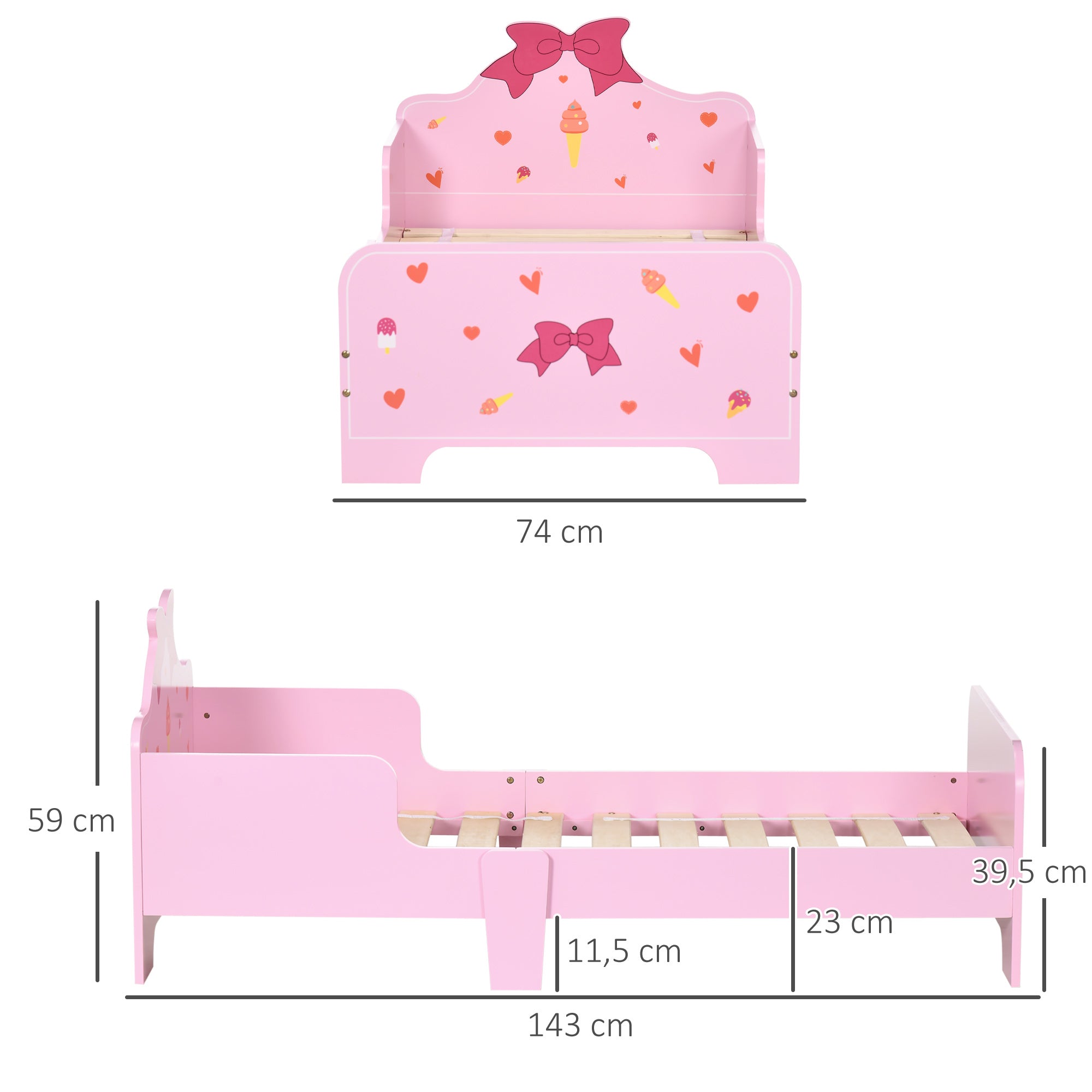 ZONEKIZ Wooden Children's Bed 143x74x59 cm Bed for Kids 3-6 Years with Protection Rails Max Load 80 kg Modern Pink Bedroom Furniture