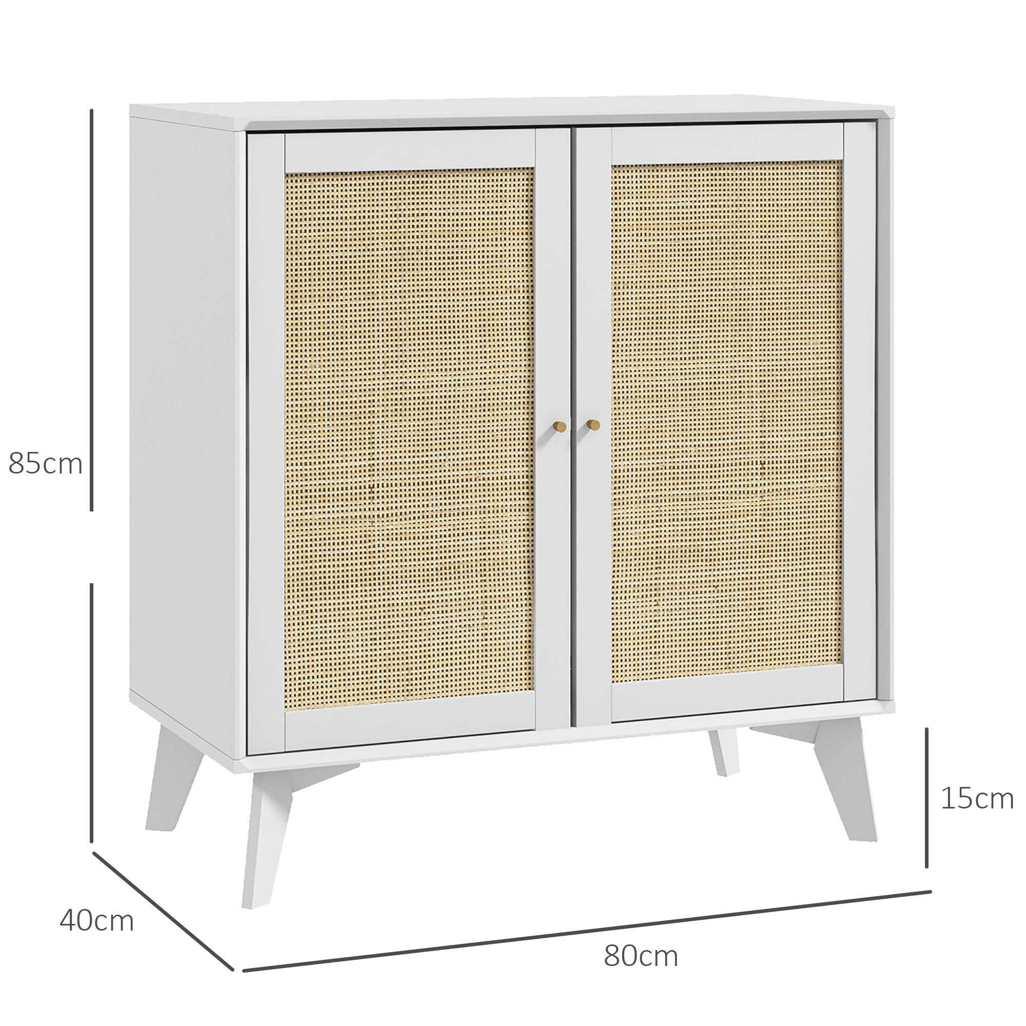 Low Sideboard, Storage Cabinet, Bohemian Design, Double Doors with 2 Levels, Kitchen Buffet with Rattan Front, 80 x 40 x 85 cm, White
