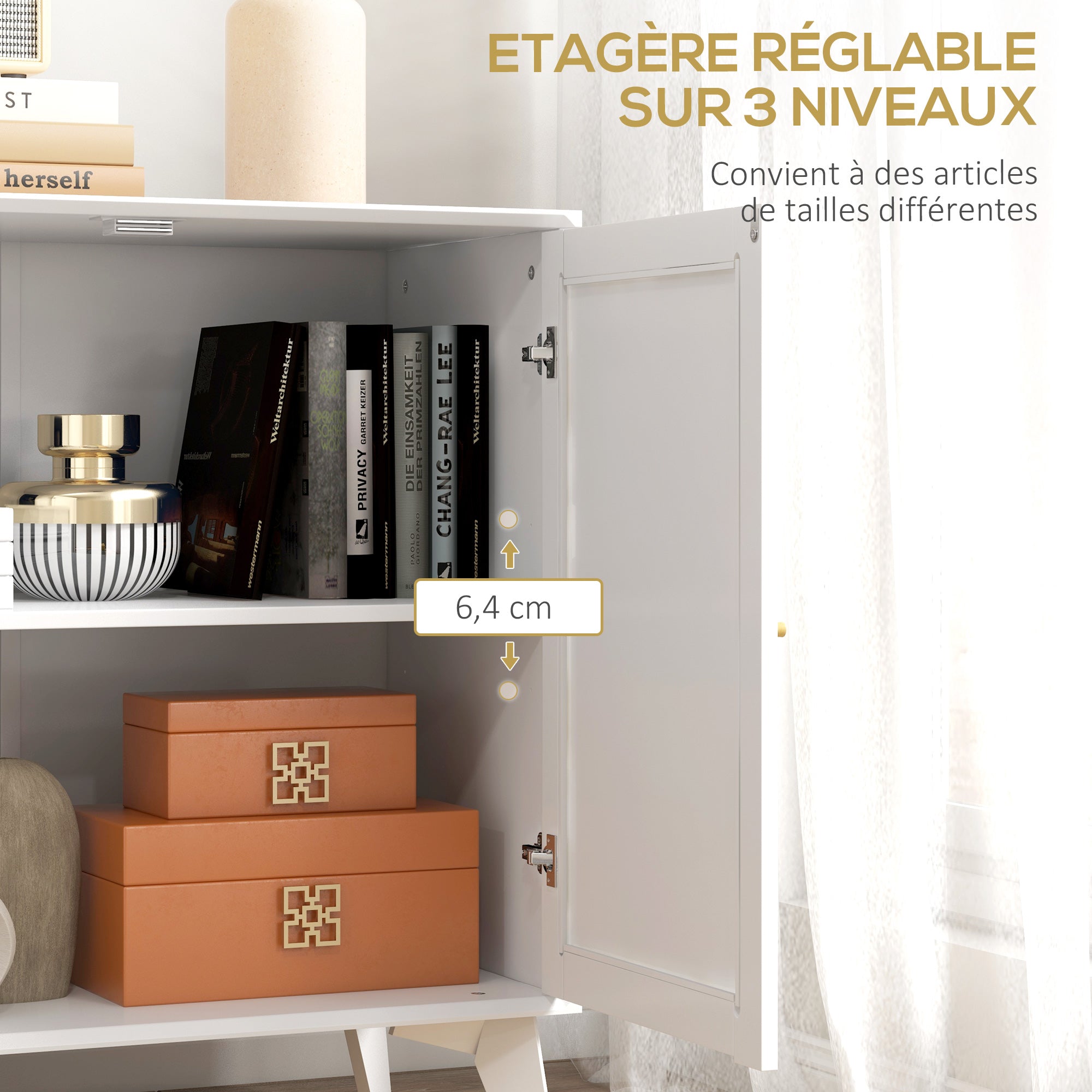 Low Sideboard, Storage Cabinet, Bohemian Design, Double Doors with 2 Levels, Kitchen Buffet with Rattan Front, 80 x 40 x 85 cm, White