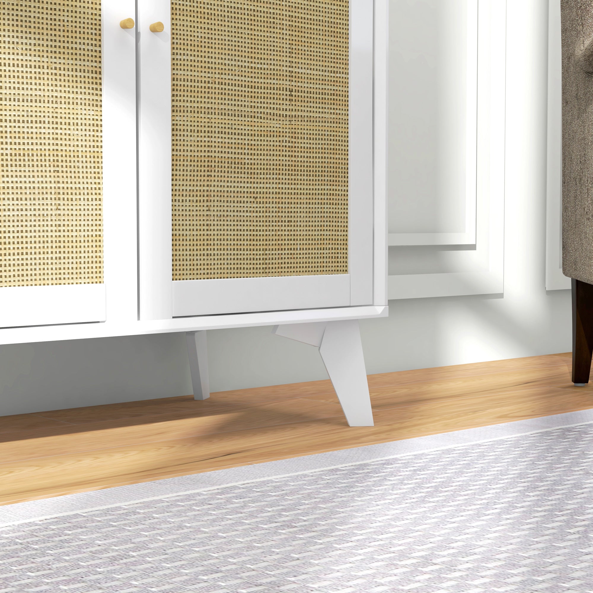 Low Sideboard, Storage Cabinet, Bohemian Design, Double Doors with 2 Levels, Kitchen Buffet with Rattan Front, 80 x 40 x 85 cm, White