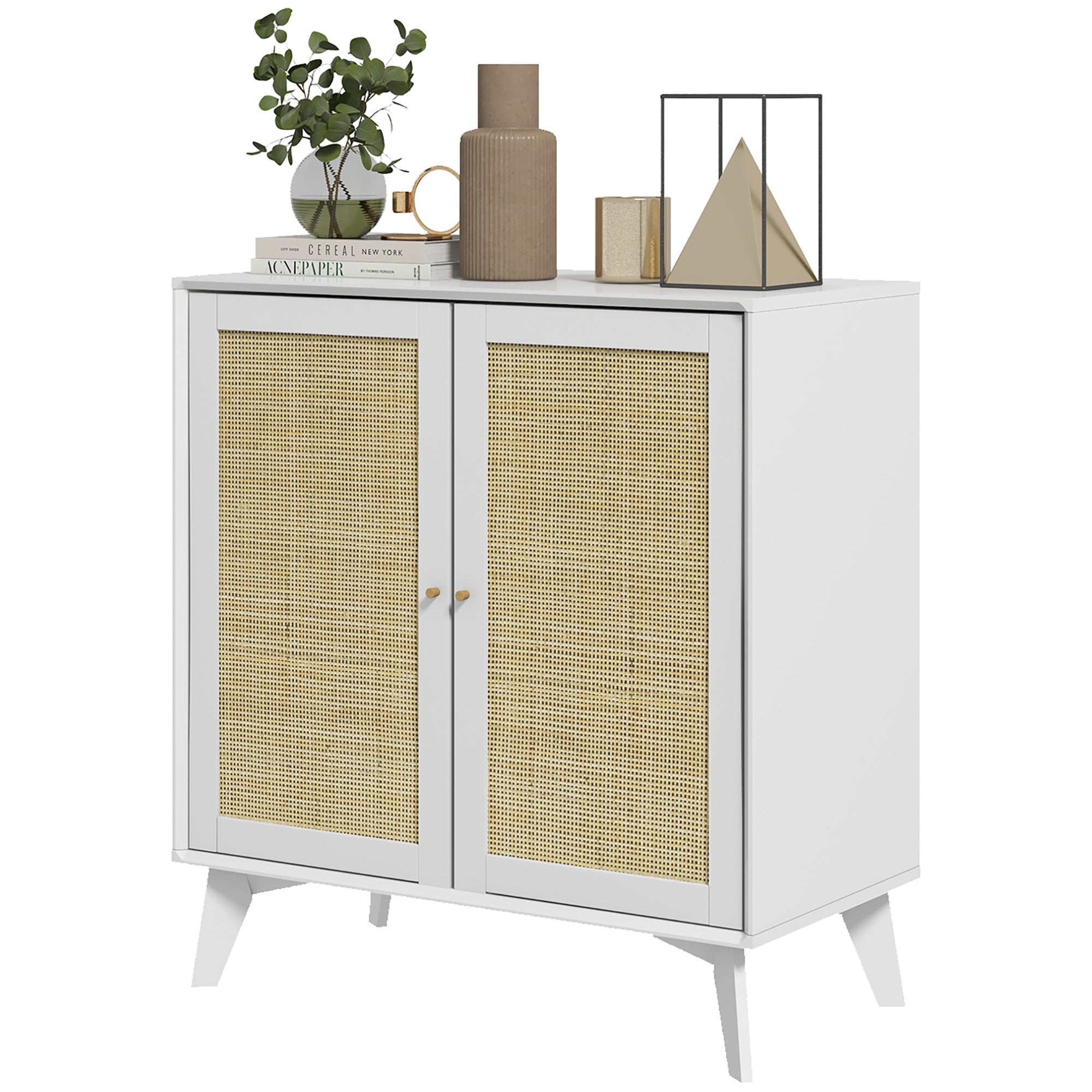 Low Sideboard, Storage Cabinet, Bohemian Design, Double Doors with 2 Levels, Kitchen Buffet with Rattan Front, 80 x 40 x 85 cm, White