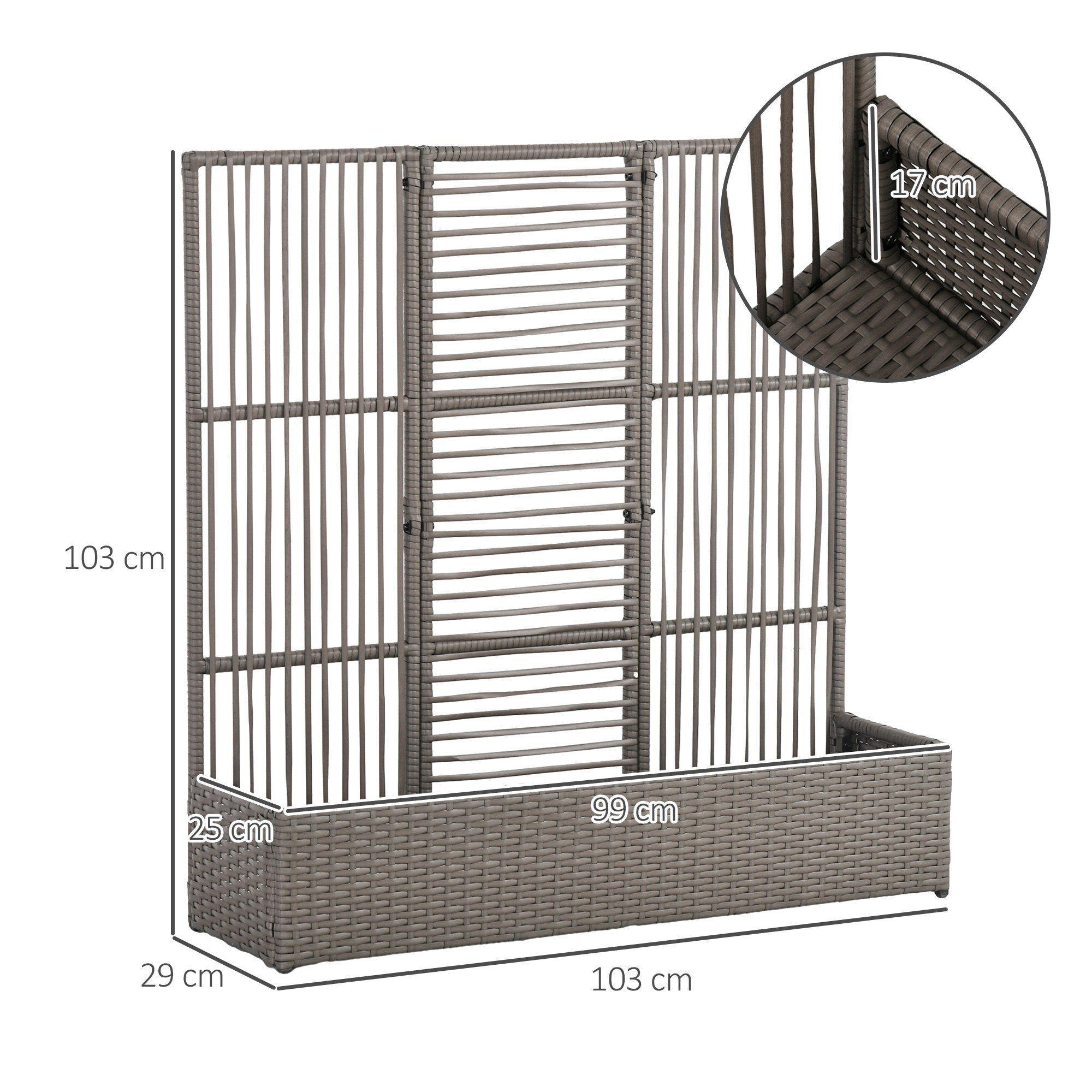 Planter with Trellis Raised Planter Stand for Plants with Trellis Rectangular Flower Box in Woven PE Resin and Steel dim. 103L x 29W x 103H cm Gray