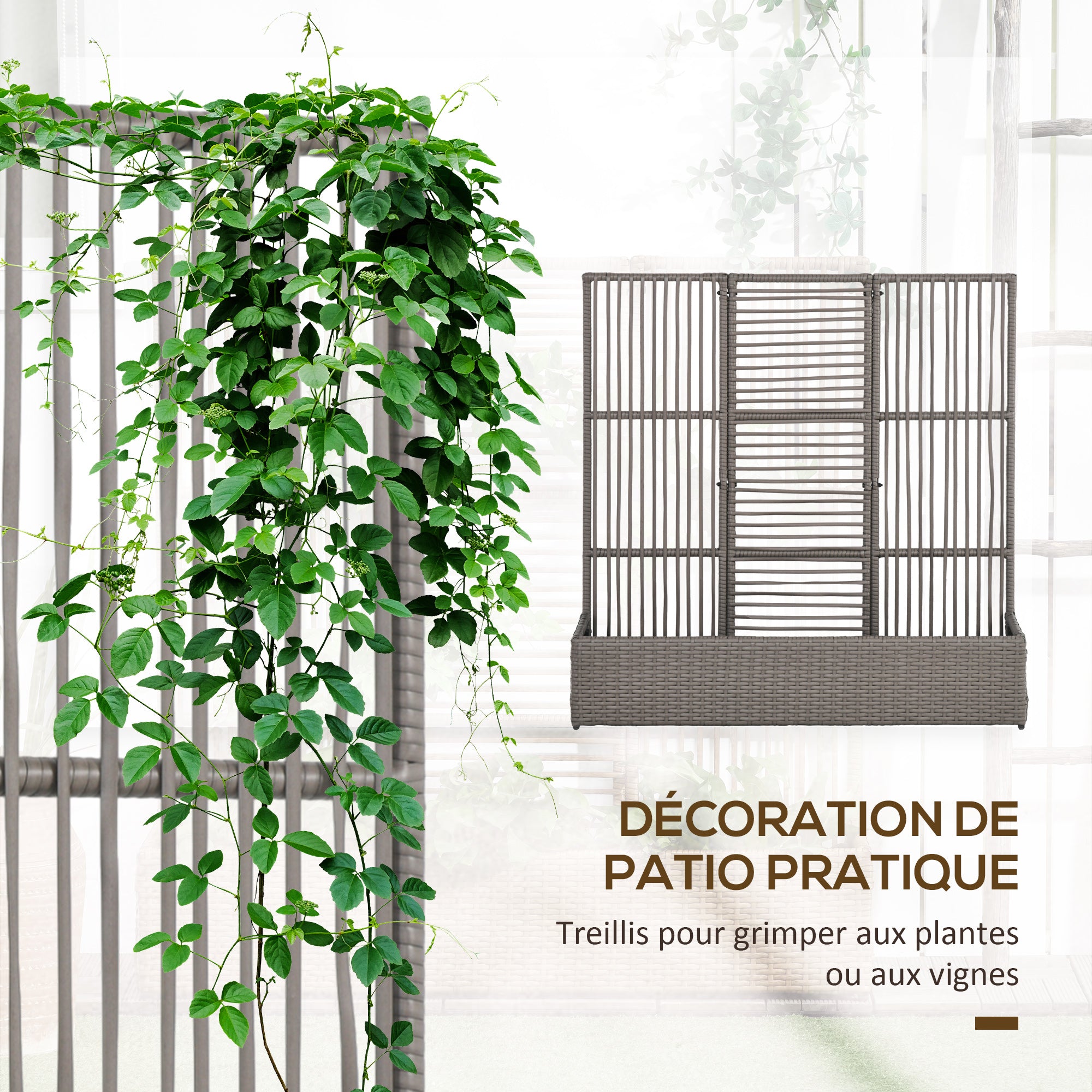 Planter with Trellis Raised Planter Stand for Plants with Trellis Rectangular Flower Box in Woven PE Resin and Steel dim. 103L x 29W x 103H cm Gray