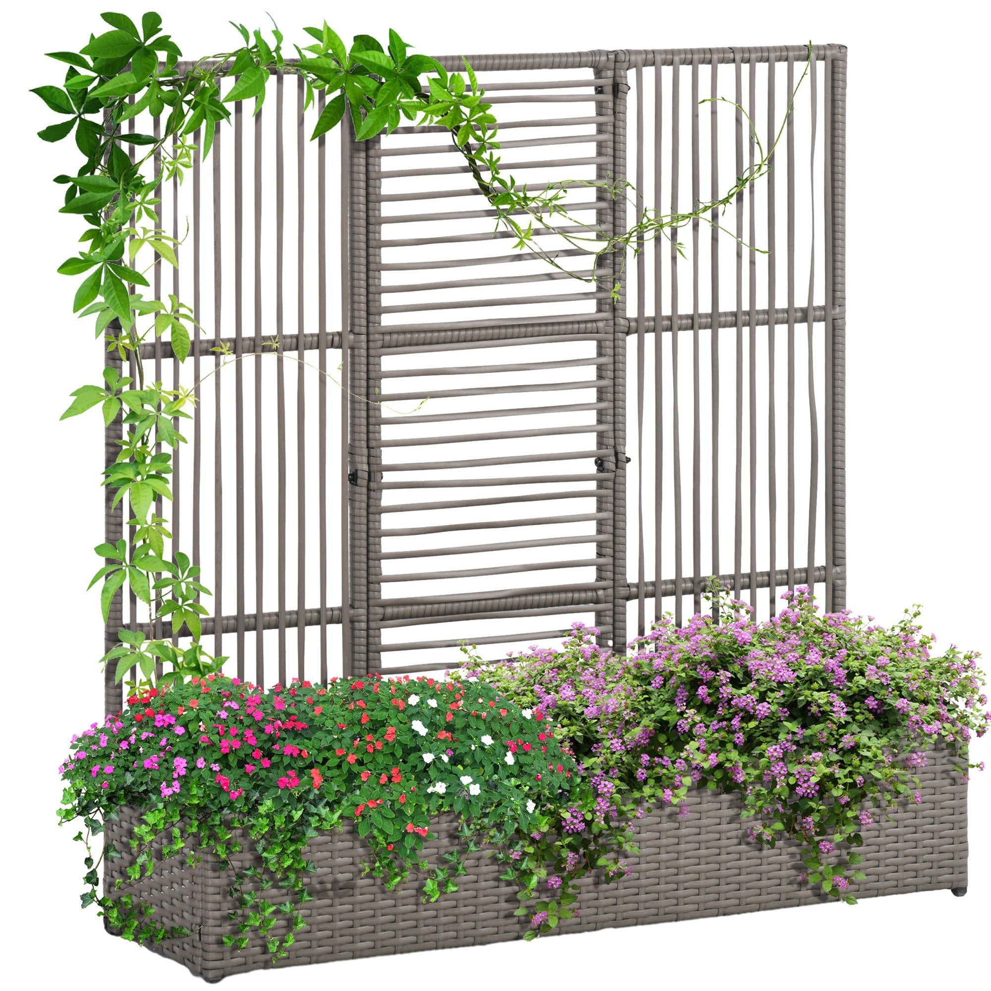 Planter with Trellis Raised Planter Stand for Plants with Trellis Rectangular Flower Box in Woven PE Resin and Steel dim. 103L x 29W x 103H cm Gray