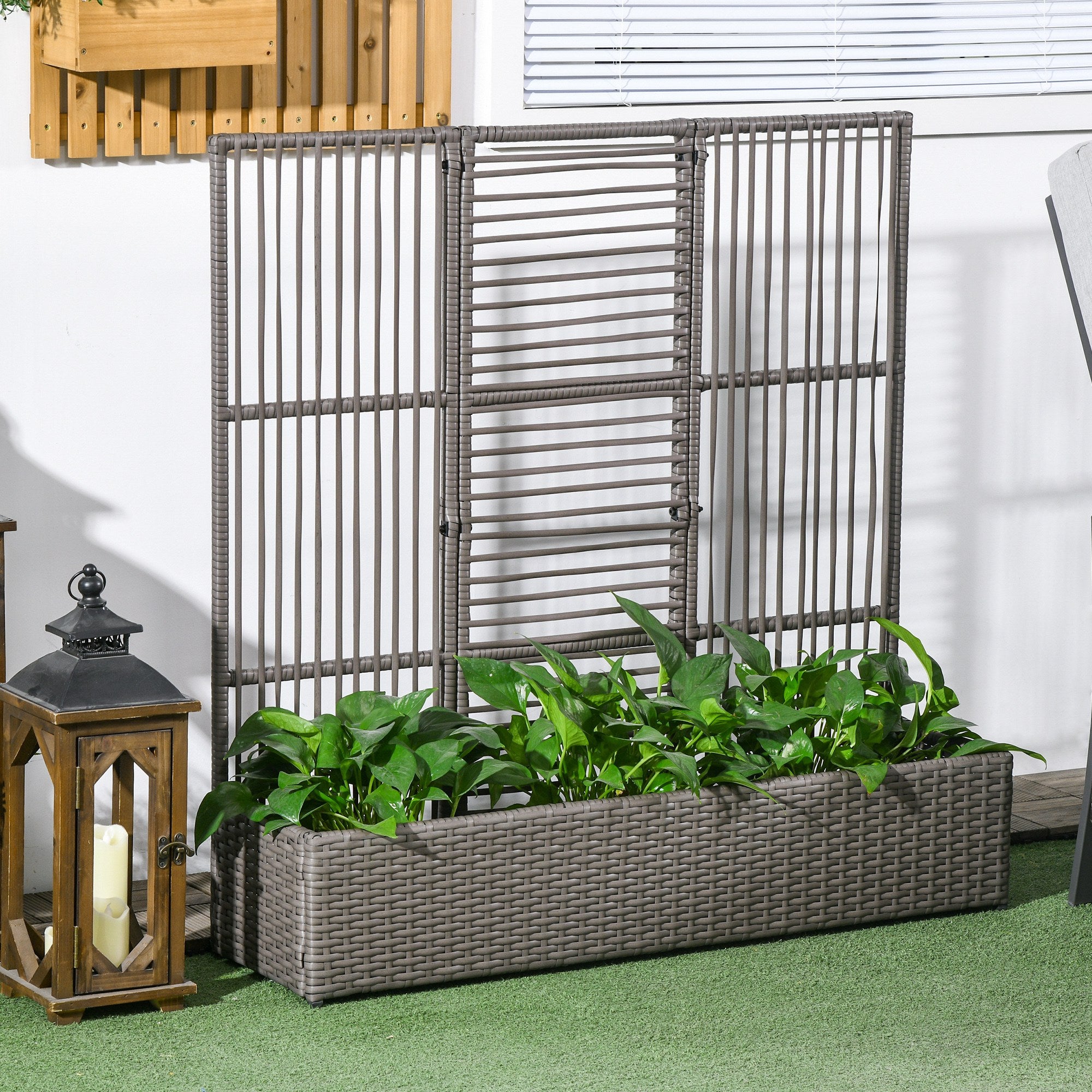 Planter with Trellis Raised Planter Stand for Plants with Trellis Rectangular Flower Box in Woven PE Resin and Steel dim. 103L x 29W x 103H cm Gray
