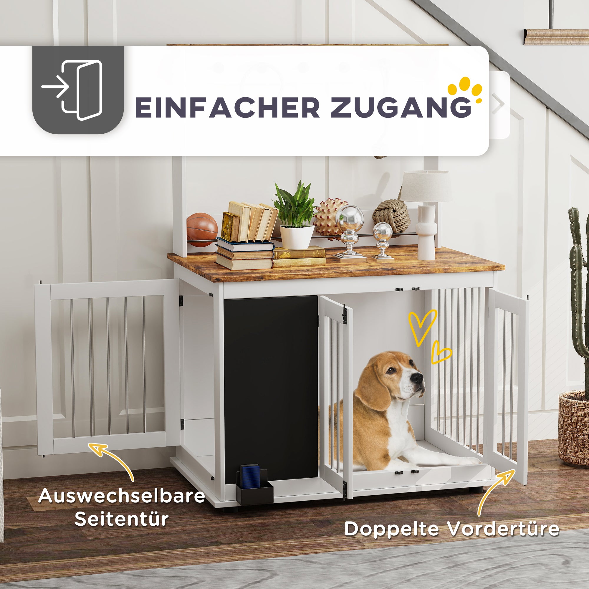 Dog Crate for Home, Dog Box with 3 Doors, Toy Storage Shelf, Dog House with Hooks, Chalkboard, Eraser, for Large Dogs, White