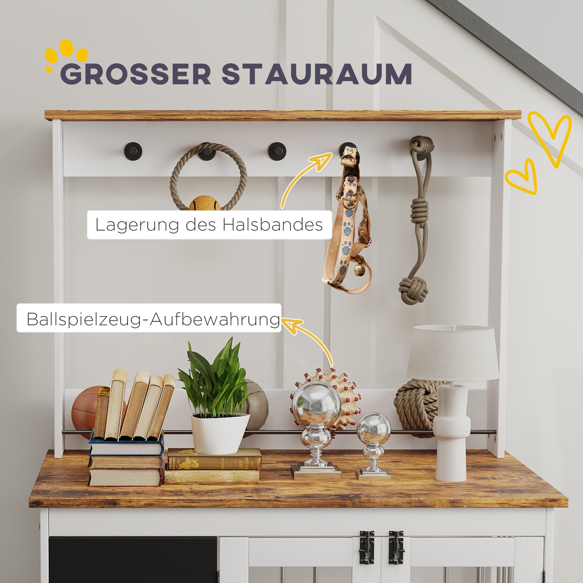 Dog Crate for Home, Dog Box with 3 Doors, Toy Storage Shelf, Dog House with Hooks, Chalkboard, Eraser, for Large Dogs, White