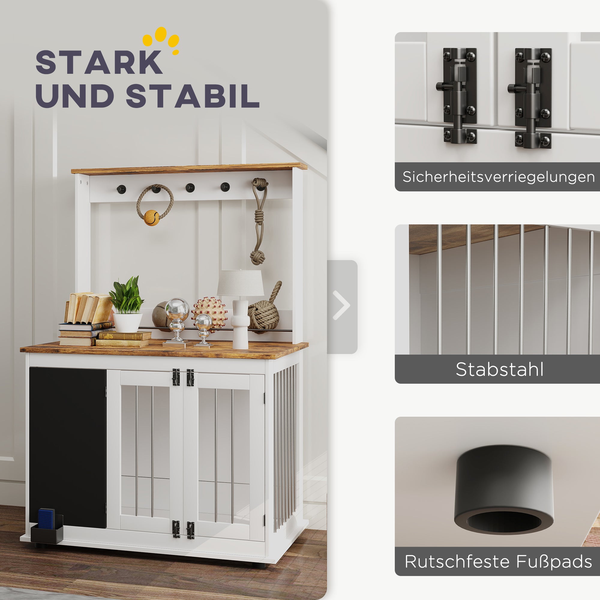 Dog Crate for Home, Dog Box with 3 Doors, Toy Storage Shelf, Dog House with Hooks, Chalkboard, Eraser, for Large Dogs, White