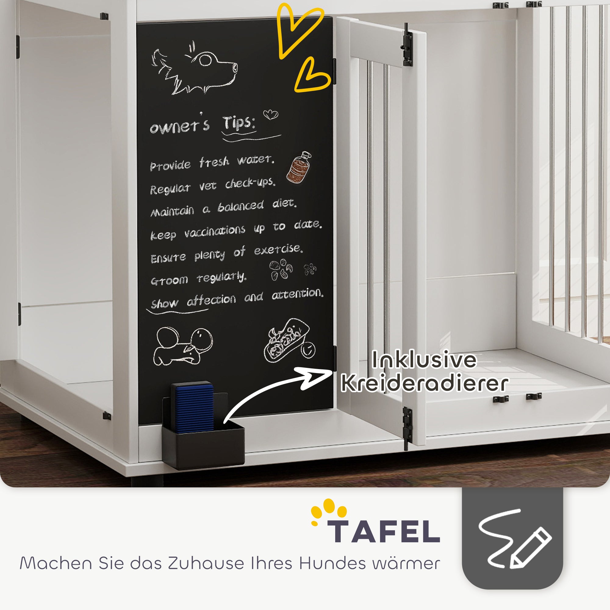 Dog Crate for Home, Dog Box with 3 Doors, Toy Storage Shelf, Dog House with Hooks, Chalkboard, Eraser, for Large Dogs, White