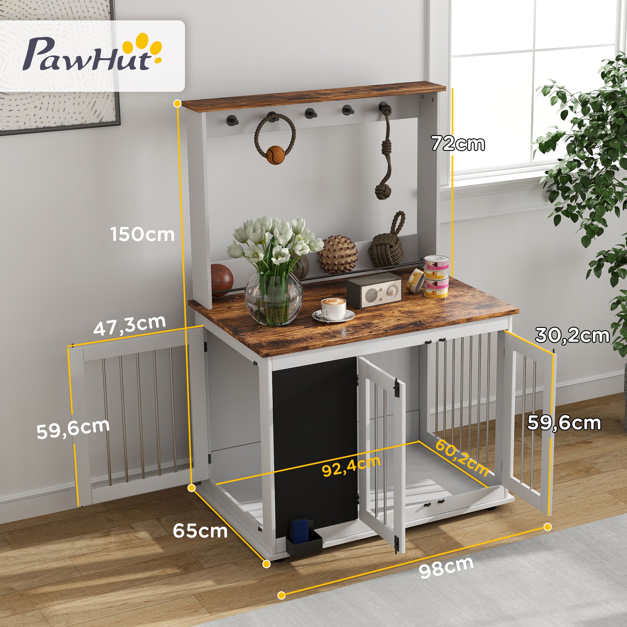 Dog Crate for Home, Dog Box with 3 Doors, Toy Storage Shelf, Dog House with Hooks, Chalkboard, Eraser, for Large Dogs, White