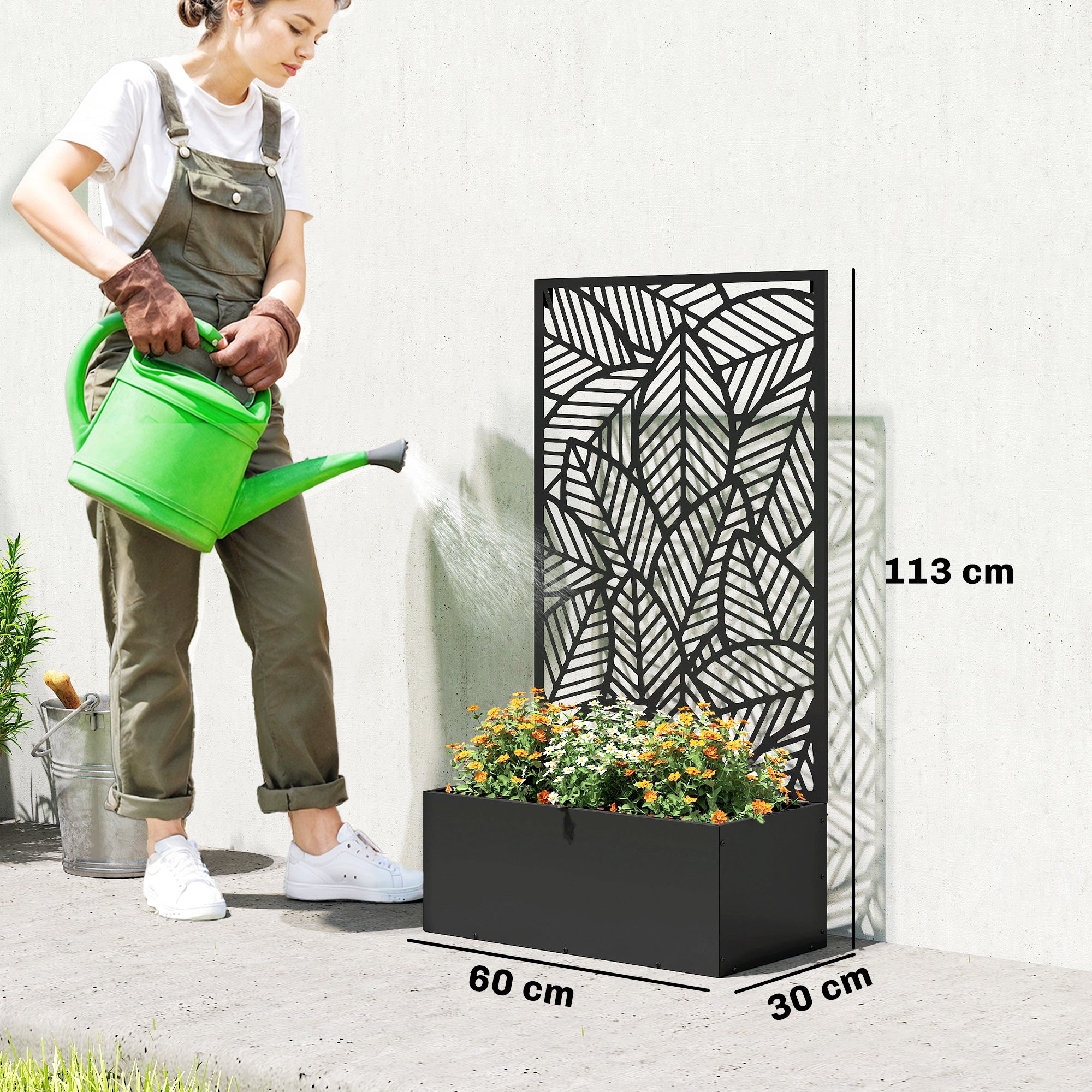 Metal Raised Planter with Trellis — Freestanding or Wall-Mount, Privacy Panel with Leaf Cutouts