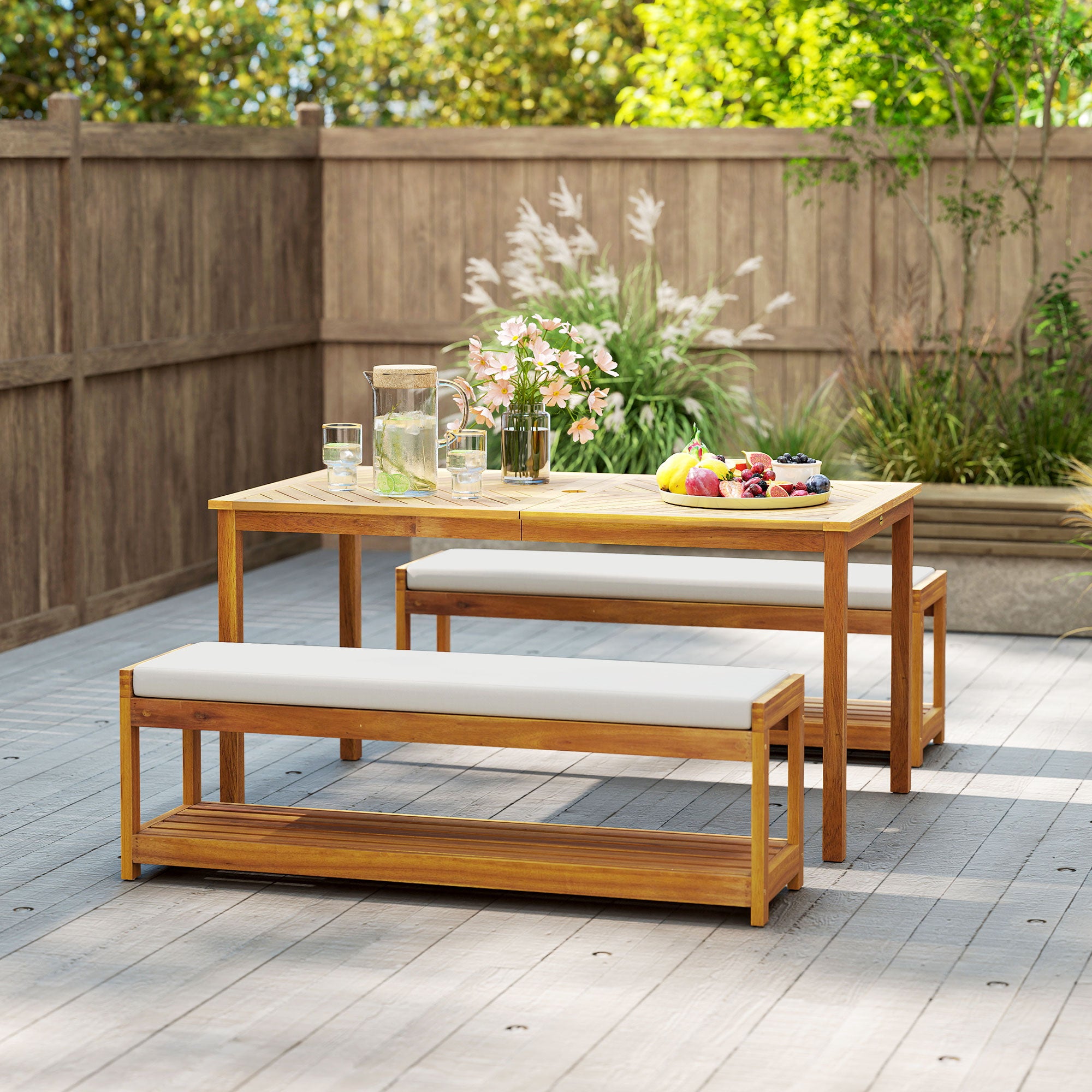 3-piece Garden Furniture Set Teak Wood Seating Group incl. 1 Dining Table with Umbrella Hole, 2 Benches, Balcony Furniture Set, Garden Furniture for Balcony, Terrace, Teak