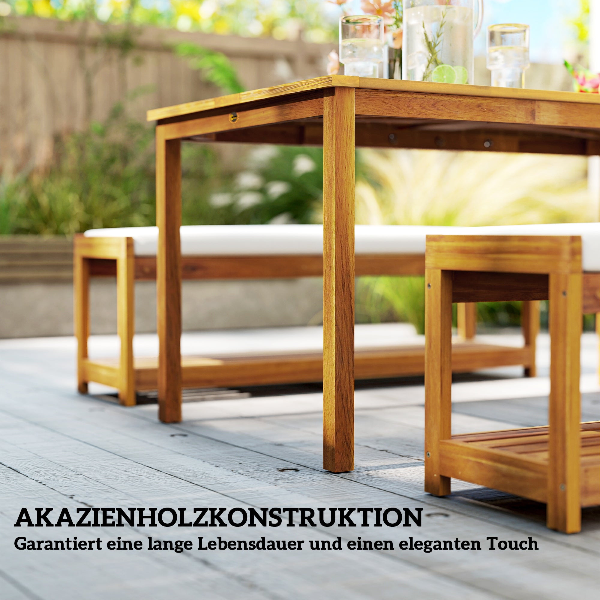 3-piece Garden Furniture Set Teak Wood Seating Group incl. 1 Dining Table with Umbrella Hole, 2 Benches, Balcony Furniture Set, Garden Furniture for Balcony, Terrace, Teak