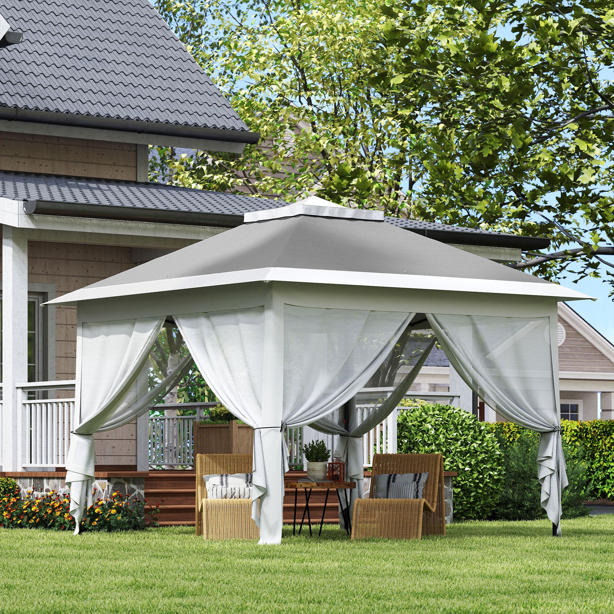 Pop Up Gazebo 3.3x3.3 m Height Adjustable on 3 Levels with Mosquito Nets, Side Panels, and Carry Bag, Outdoor Gazebo with Double Metal Roof and Oxford Fabric, Dark Grey