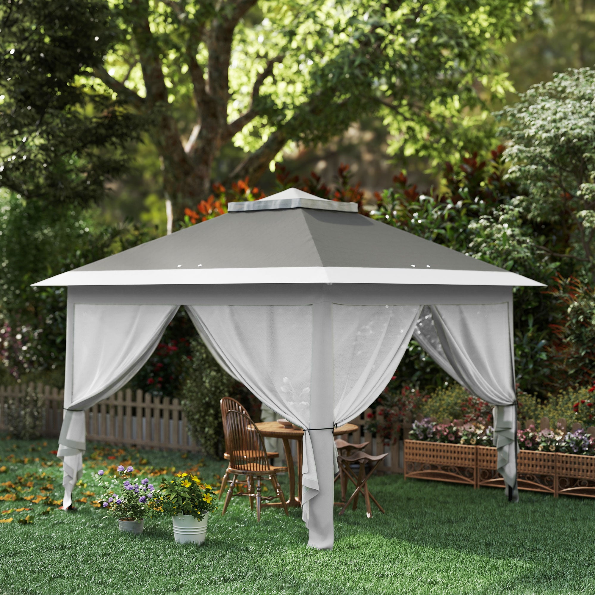 Pop Up Gazebo 3.3x3.3 m Height Adjustable on 3 Levels with Mosquito Nets, Side Panels, and Carry Bag, Outdoor Gazebo with Double Metal Roof and Oxford Fabric, Dark Grey