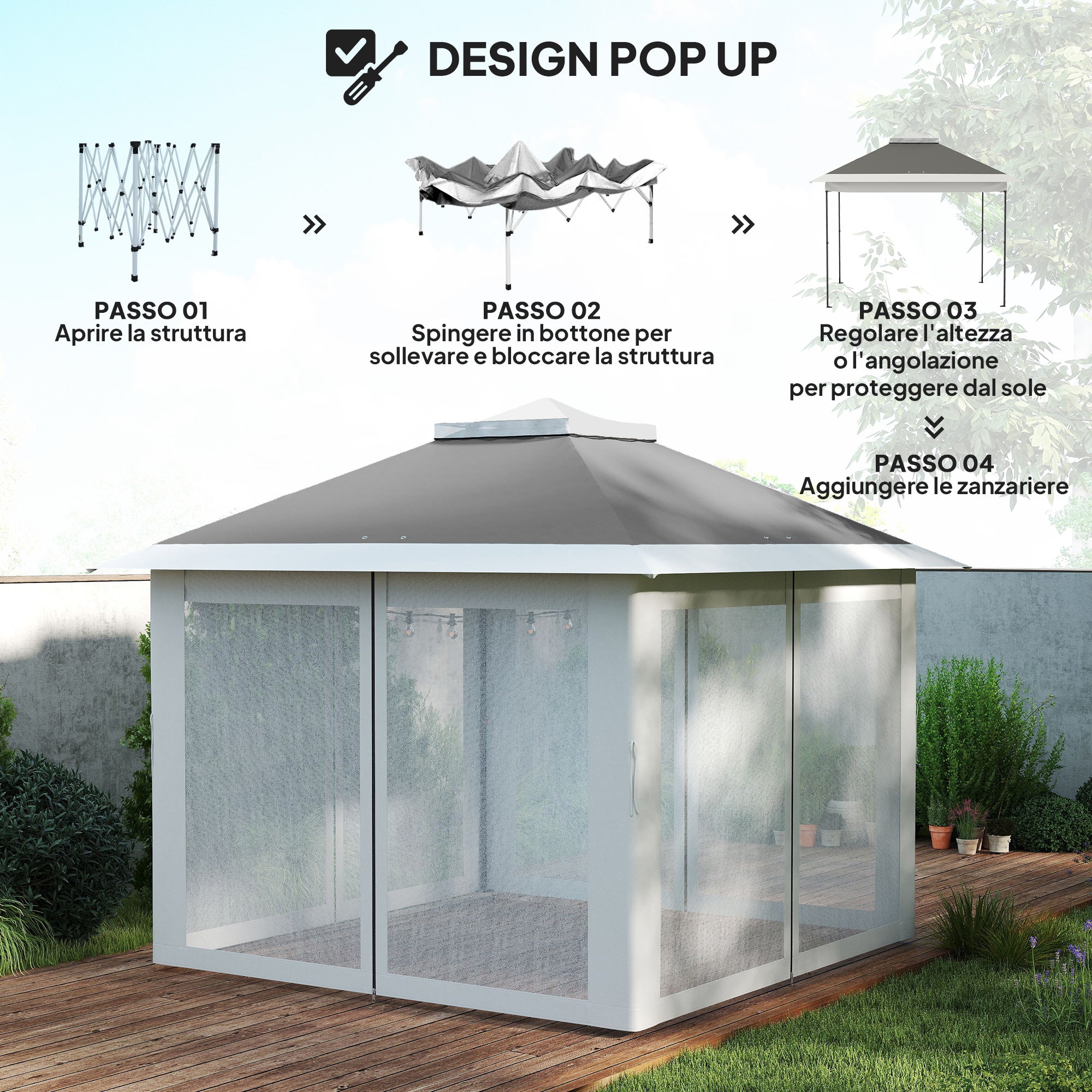 Pop Up Gazebo 3.3x3.3 m Height Adjustable on 3 Levels with Mosquito Nets, Side Panels, and Carry Bag, Outdoor Gazebo with Double Metal Roof and Oxford Fabric, Dark Grey