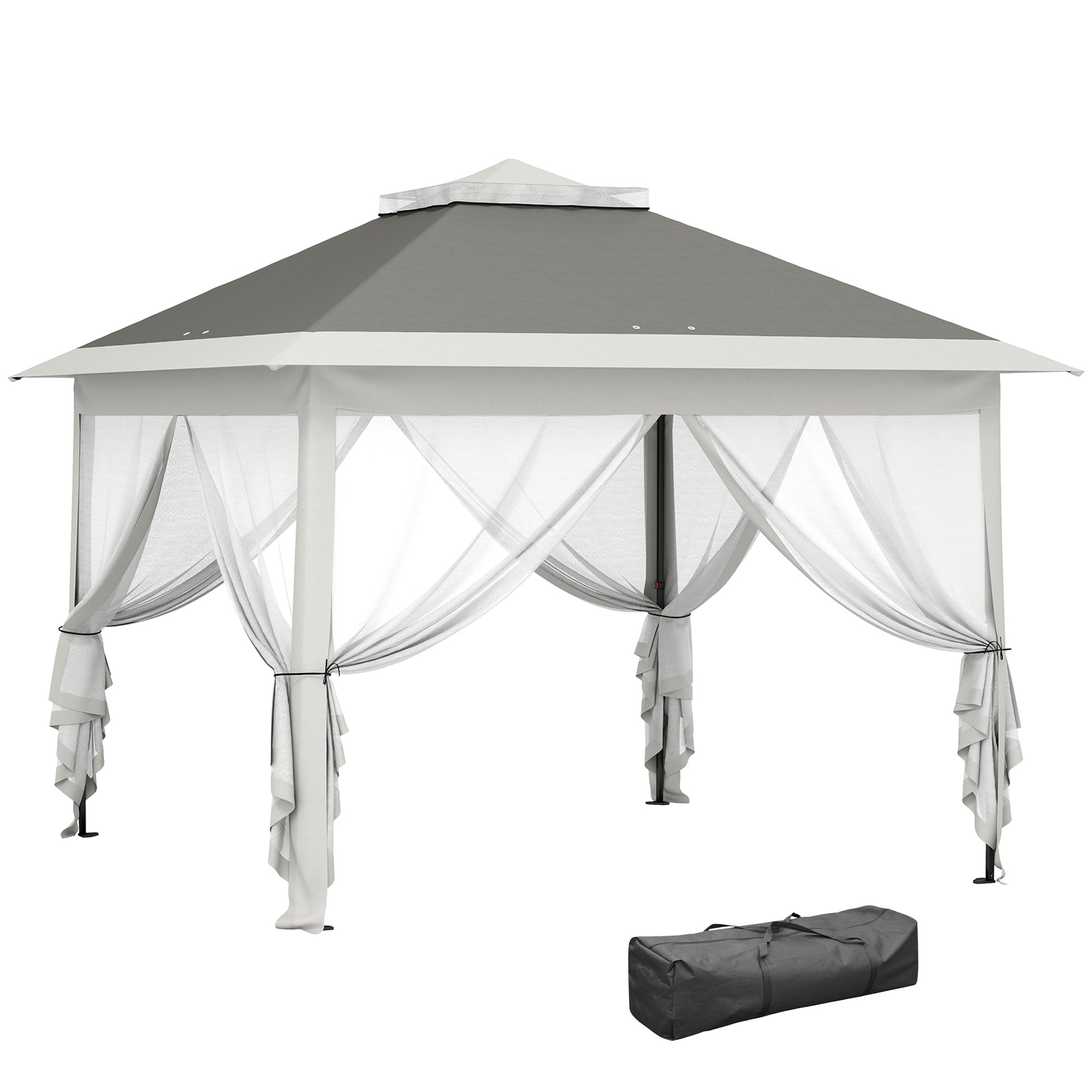 Pop Up Gazebo 3.3x3.3 m Height Adjustable on 3 Levels with Mosquito Nets, Side Panels, and Carry Bag, Outdoor Gazebo with Double Metal Roof and Oxford Fabric, Dark Grey