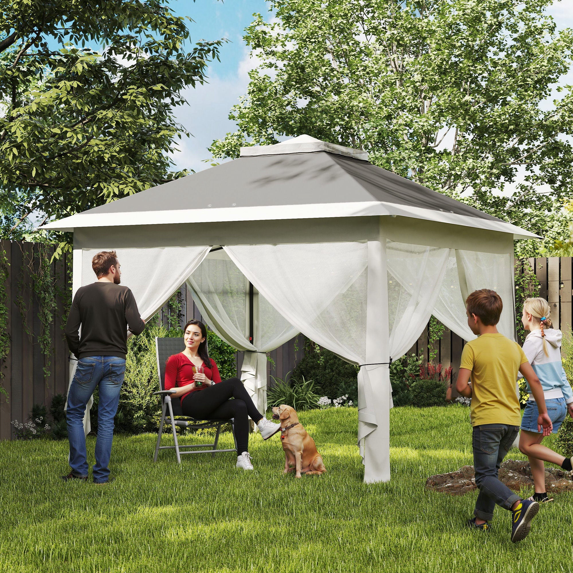 Pop Up Gazebo 3.3x3.3 m Height Adjustable on 3 Levels with Mosquito Nets, Side Panels, and Carry Bag, Outdoor Gazebo with Double Metal Roof and Oxford Fabric, Dark Grey