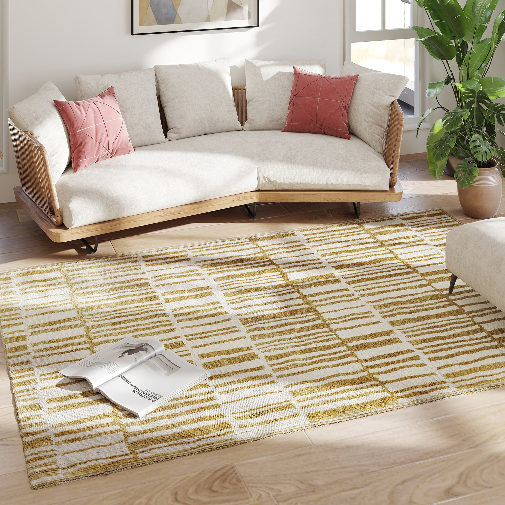 200 x 140 cm Short Pile Living Room Rug, Machine Washable, Hypoallergenic, for Living Room, Bedroom, Office, Yellow