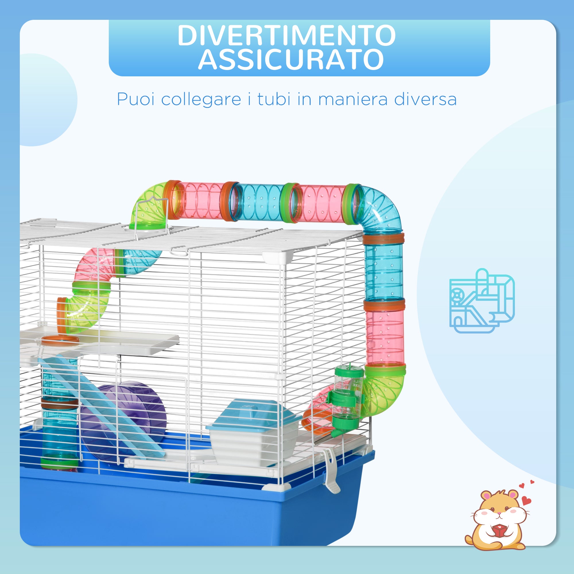 3-Level Hamster Cage, House for Small Hamsters with Tubes, House, Water Tank, and Hamster Wheel, 59x36x47 cm, Blue and White