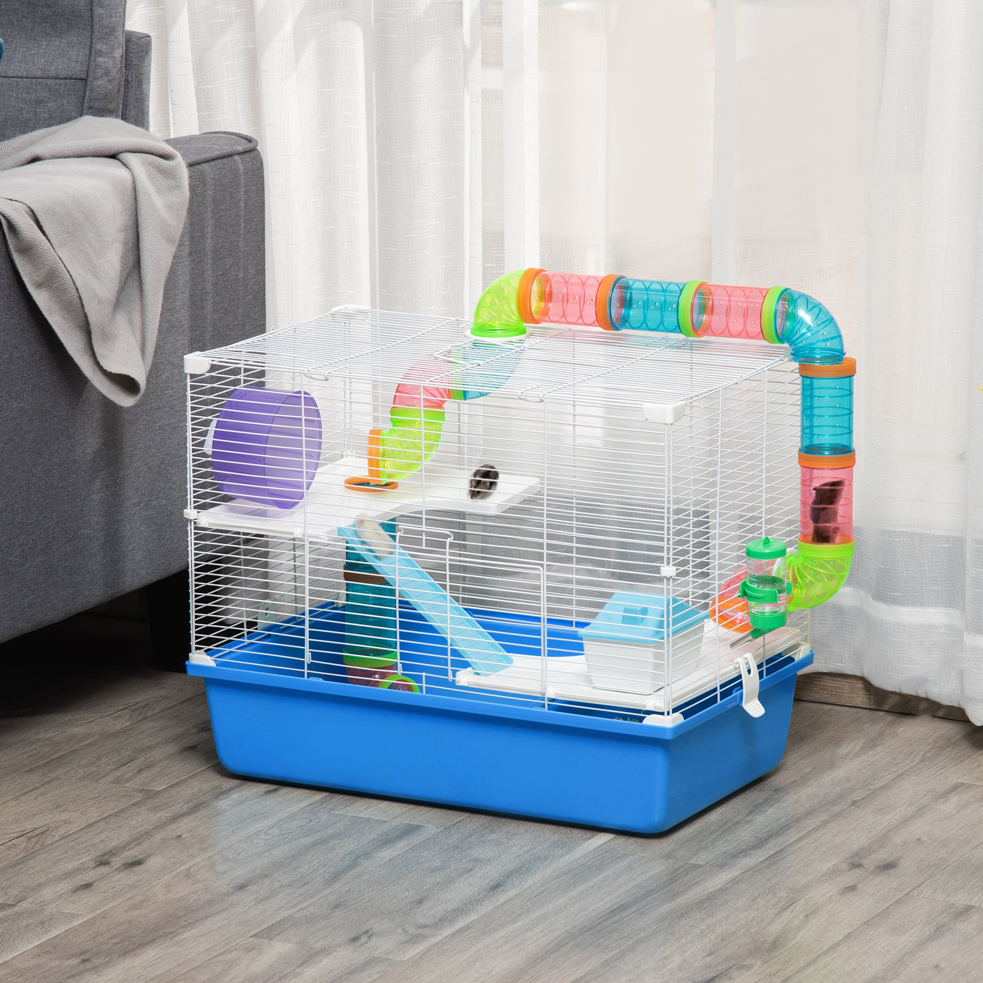 3-Level Hamster Cage, House for Small Hamsters with Tubes, House, Water Tank, and Hamster Wheel, 59x36x47 cm, Blue and White