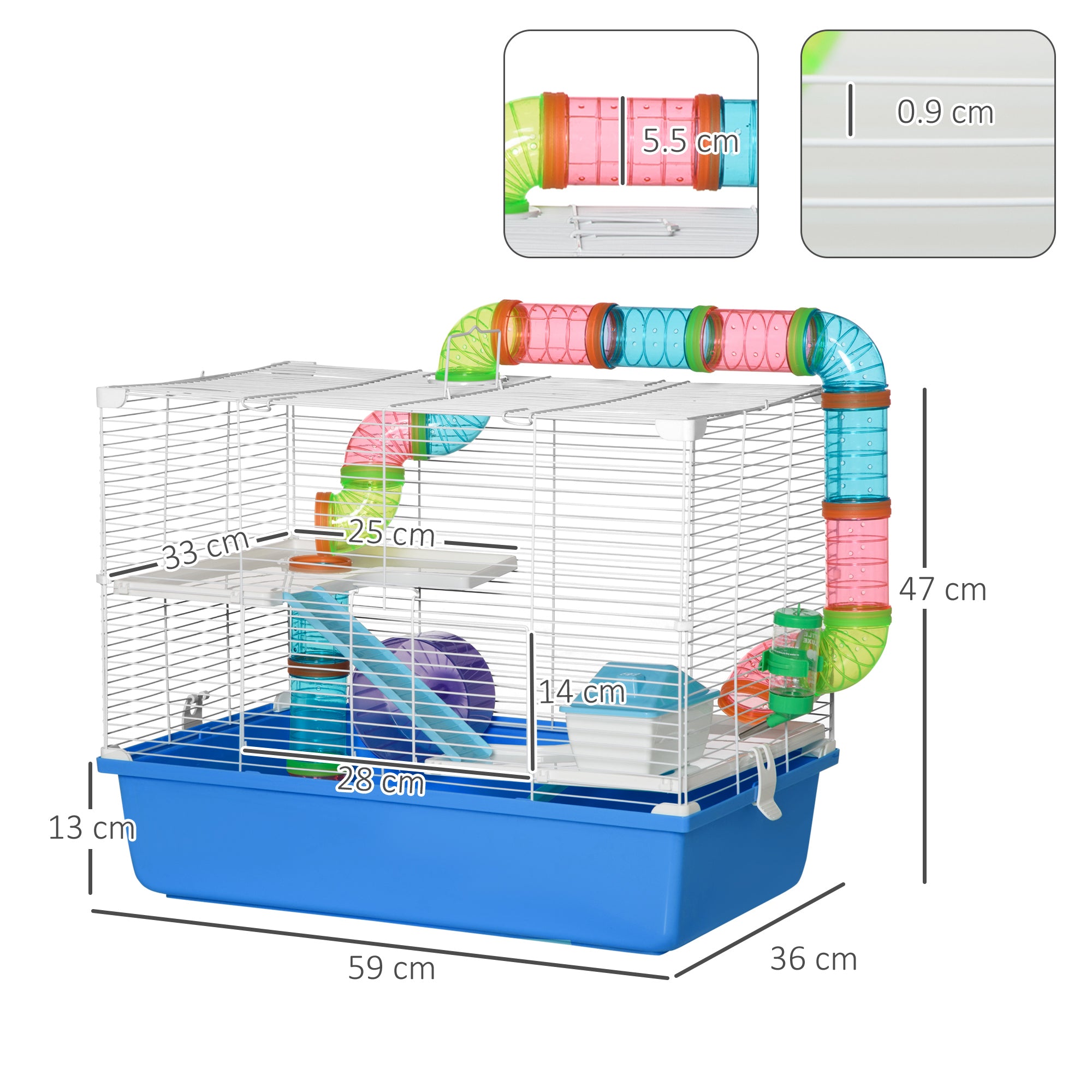 3-Level Hamster Cage, House for Small Hamsters with Tubes, House, Water Tank, and Hamster Wheel, 59x36x47 cm, Blue and White
