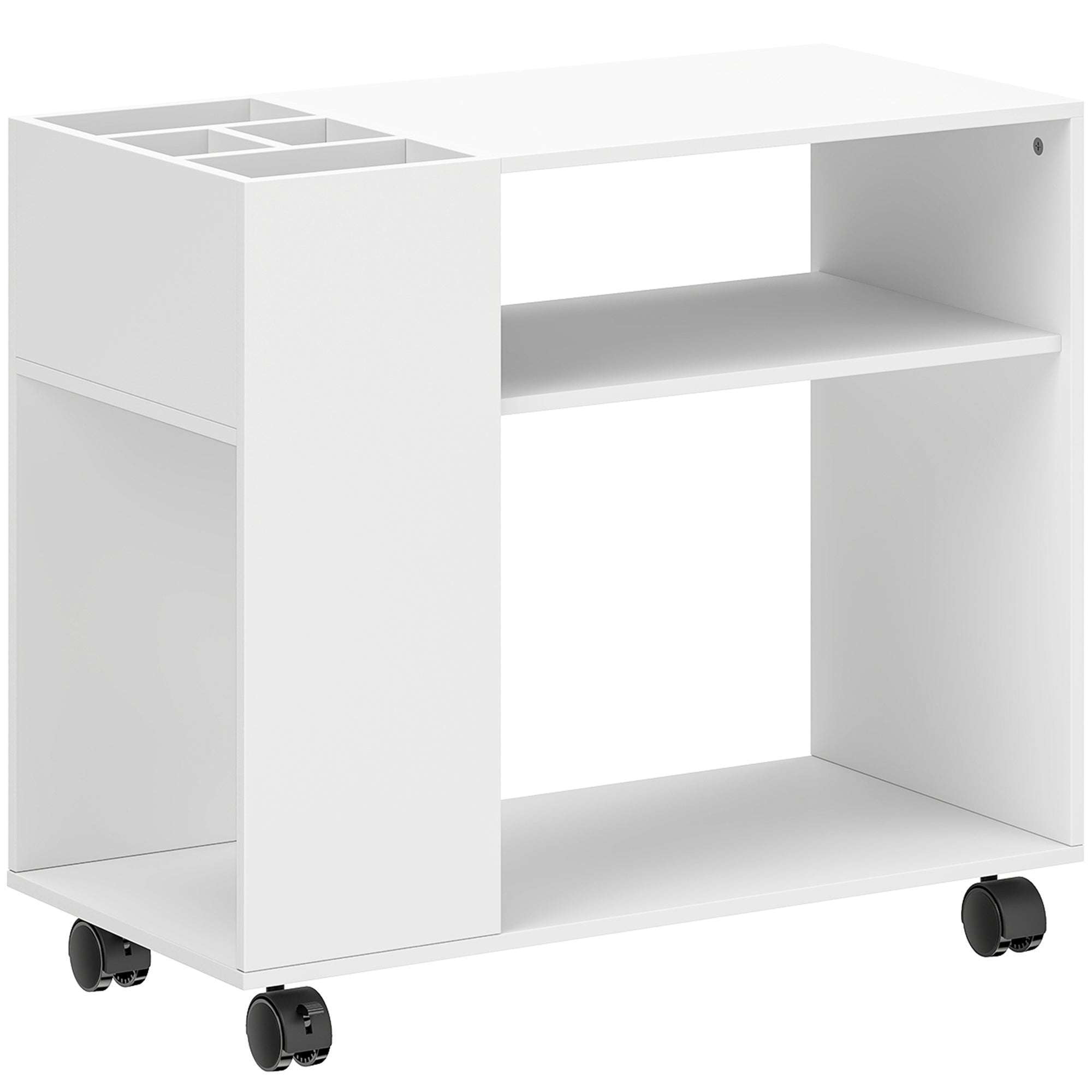 Printer Stand with Dividable Organizer, Shelves & Locking Wheels — Compact Office Cart for Printer, Fax & Scanner, 27.6 x 13.4 x 23.6 in, White