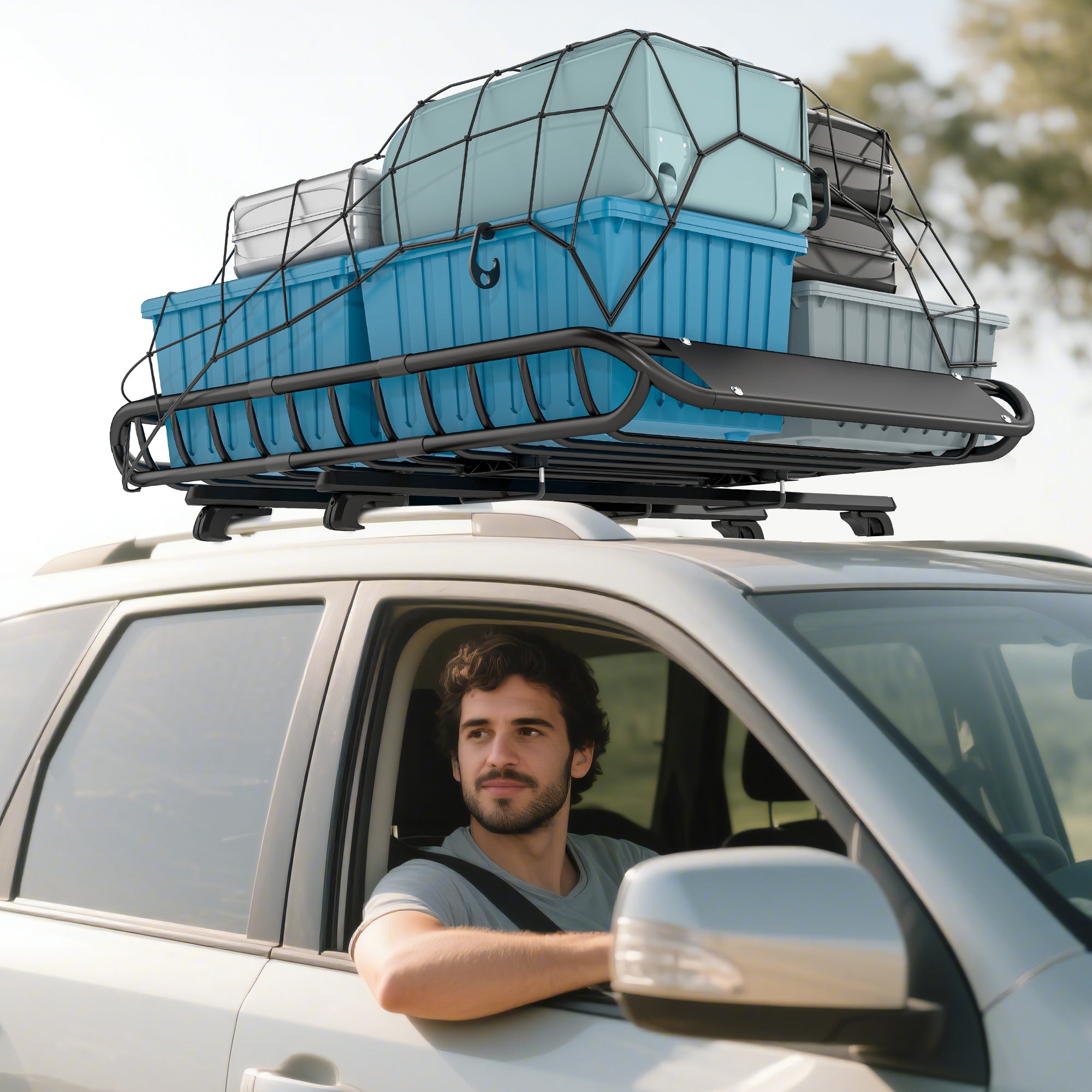 SPORTNOW Universal Roof Cargo Basket with Wind Deflector — Steel, Rust-Resistant, 150 kg Capacity, 116 x 92 x 11.5 cm (45.7 x 36.2 x 4.5 in) — Black
