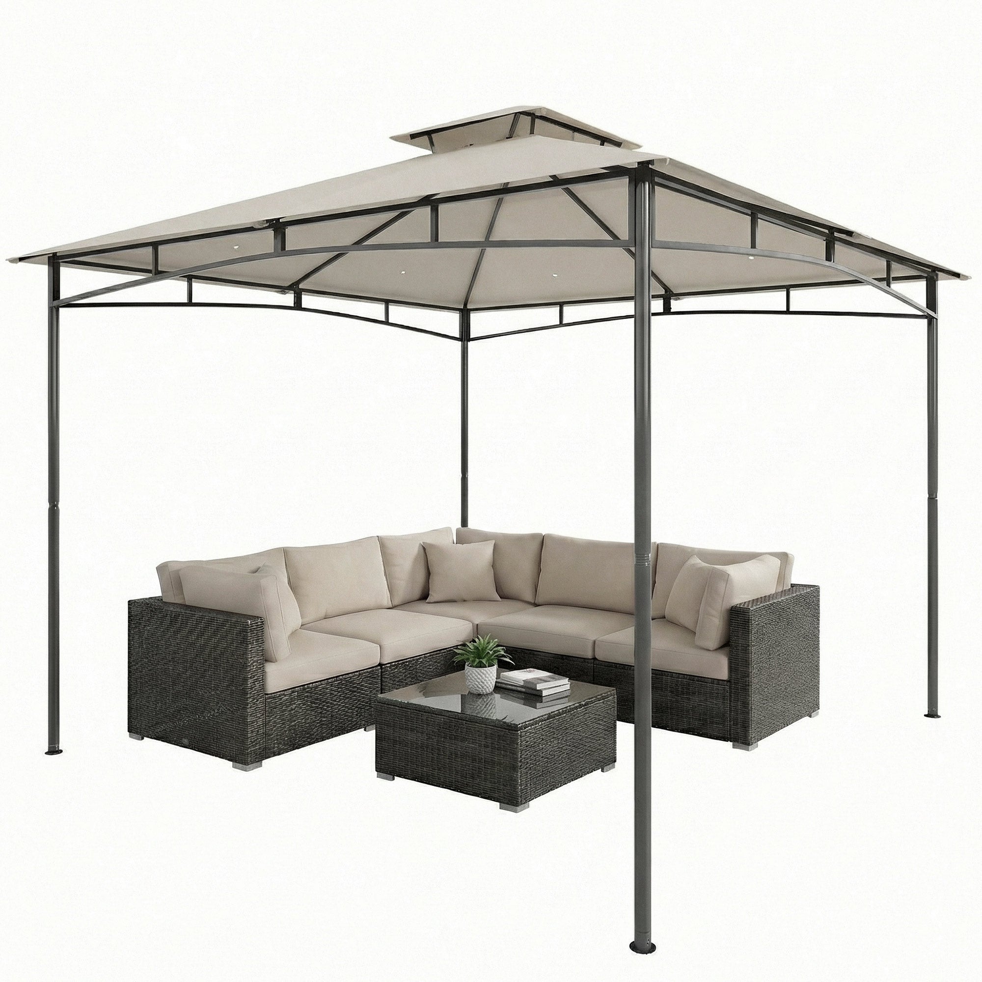 10 ft x 10 ft Waterproof Garden Gazebo — Double Roof, Retractable Top Frame, UPF 50+, Cream White