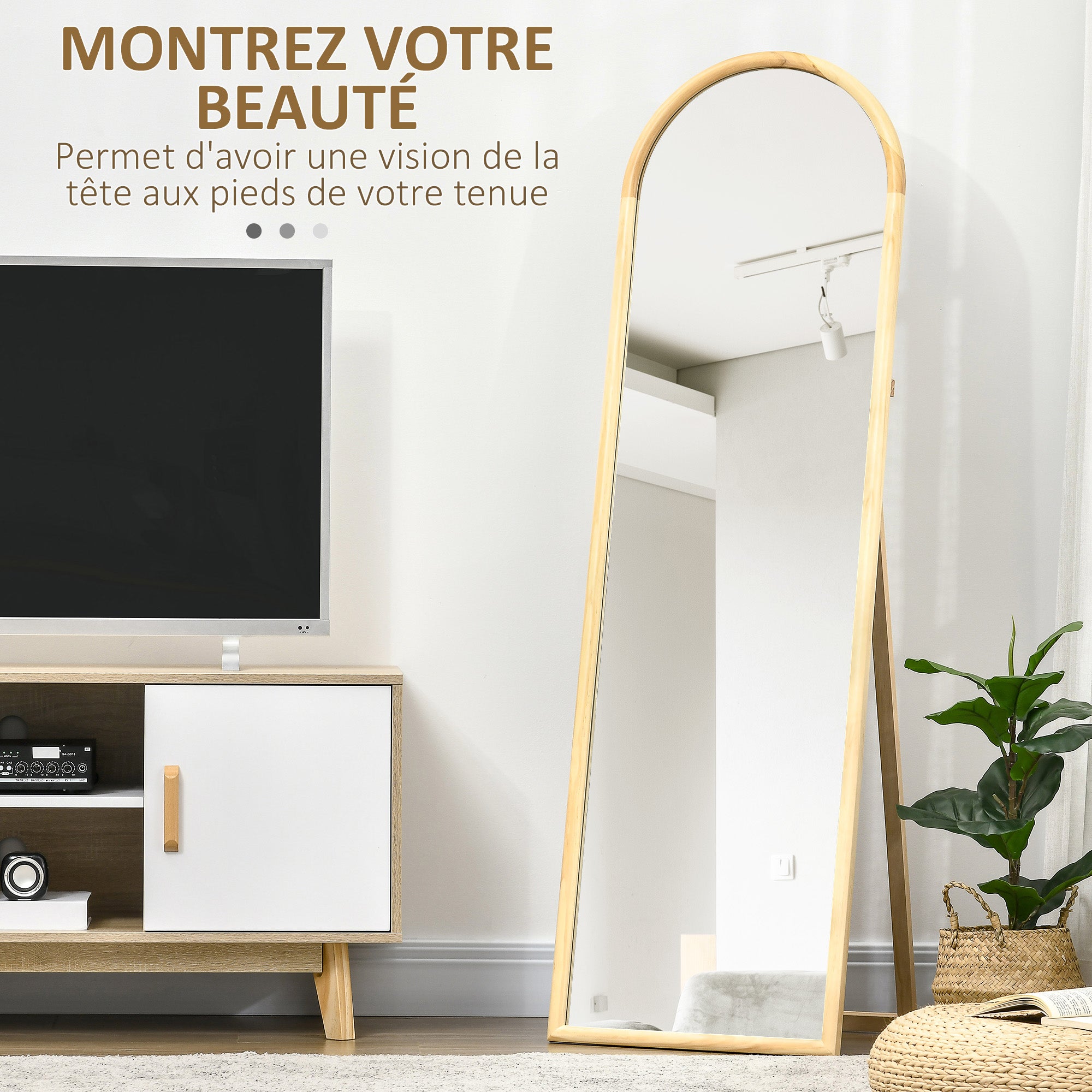 Wooden Floor Mirror in rectangular round shape with Scandinavian Style for Entryway, Bedroom, Dressing room, Dimensions 148L x 41W cm