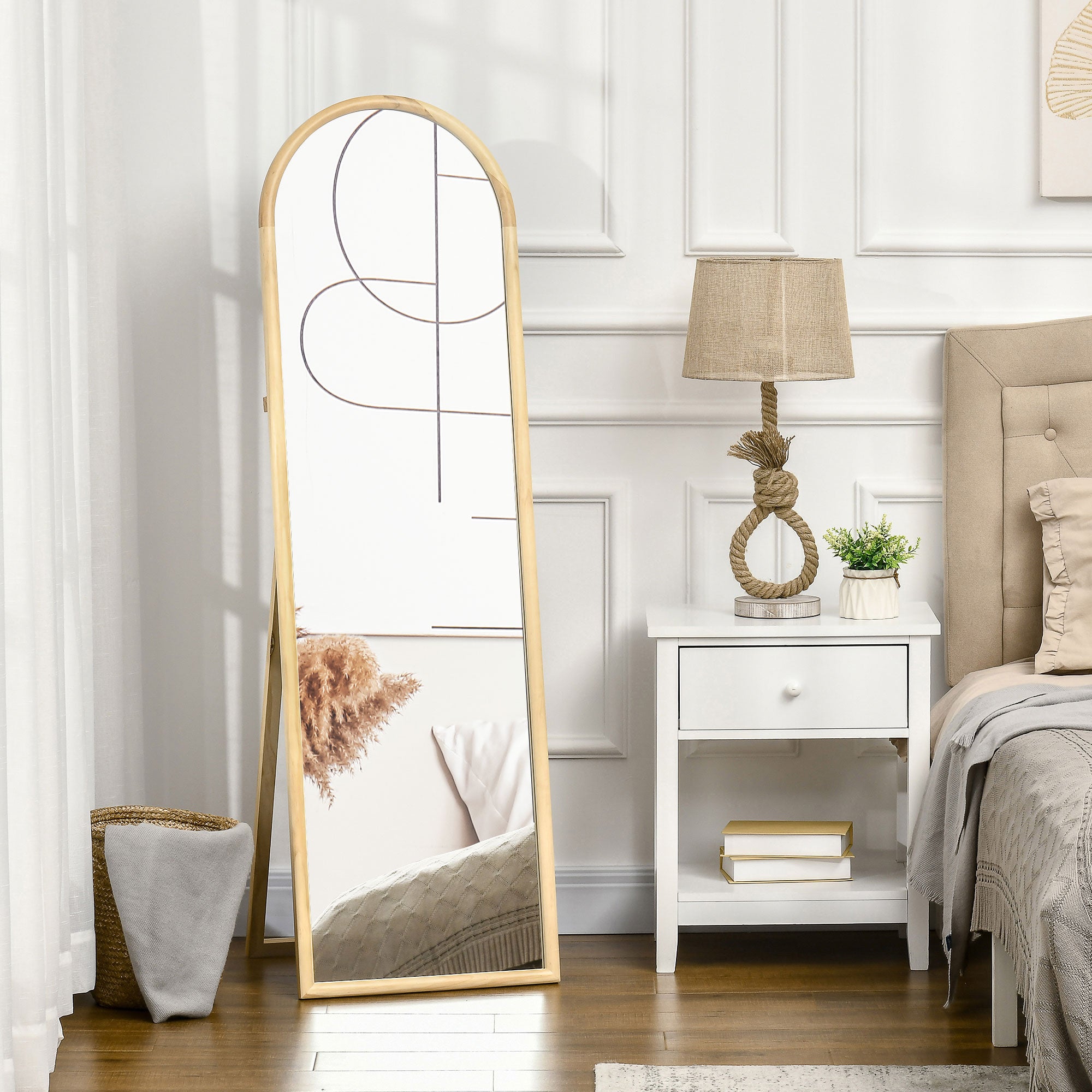 Wooden Floor Mirror in rectangular round shape with Scandinavian Style for Entryway, Bedroom, Dressing room, Dimensions 148L x 41W cm