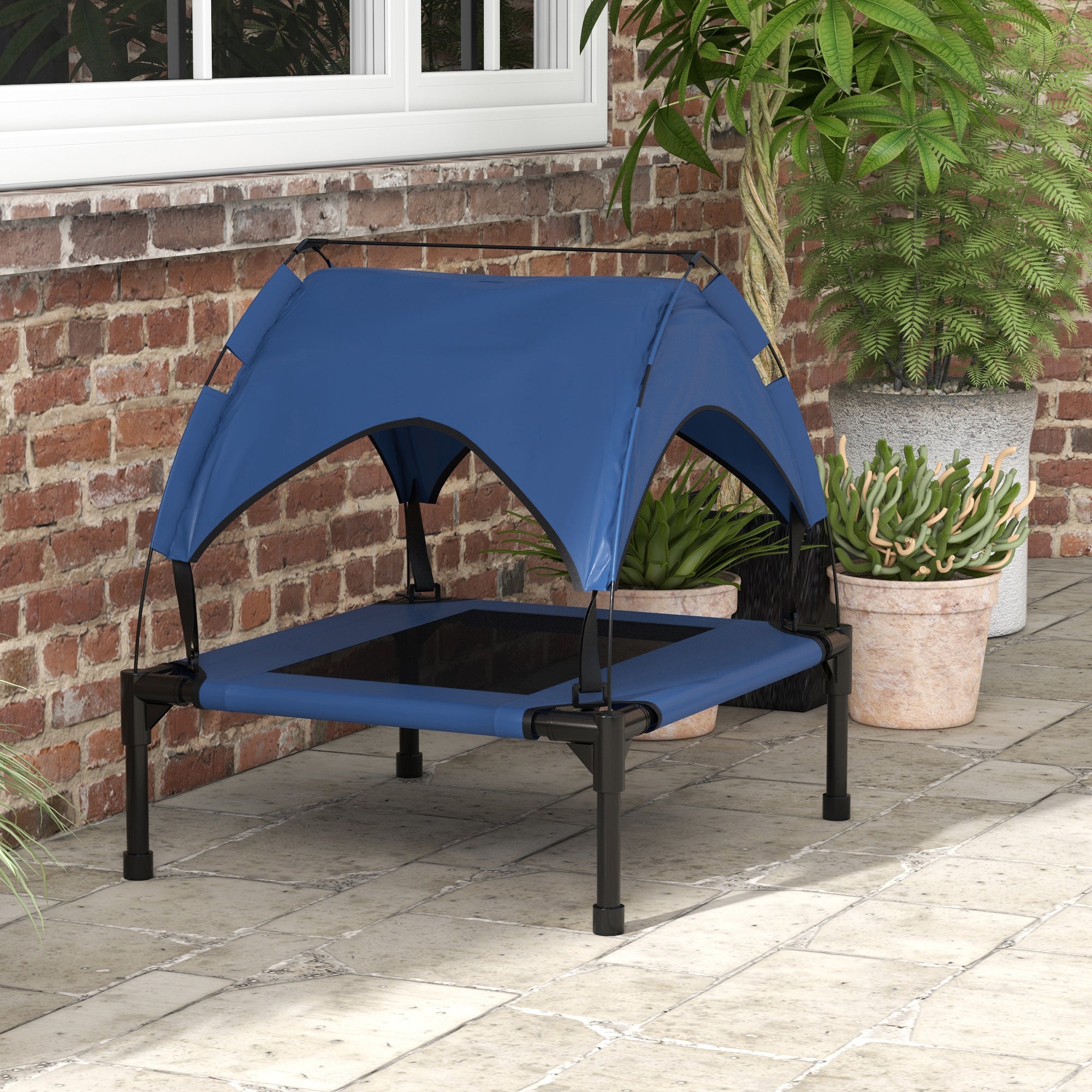 Elevated Dog Bed with Canopy, Pet Bed, Outdoor Dog Lounger with Roof, Breathable, for Small and Medium Dogs Dark Blue Oxford 76 x 61 x 69.5 cm