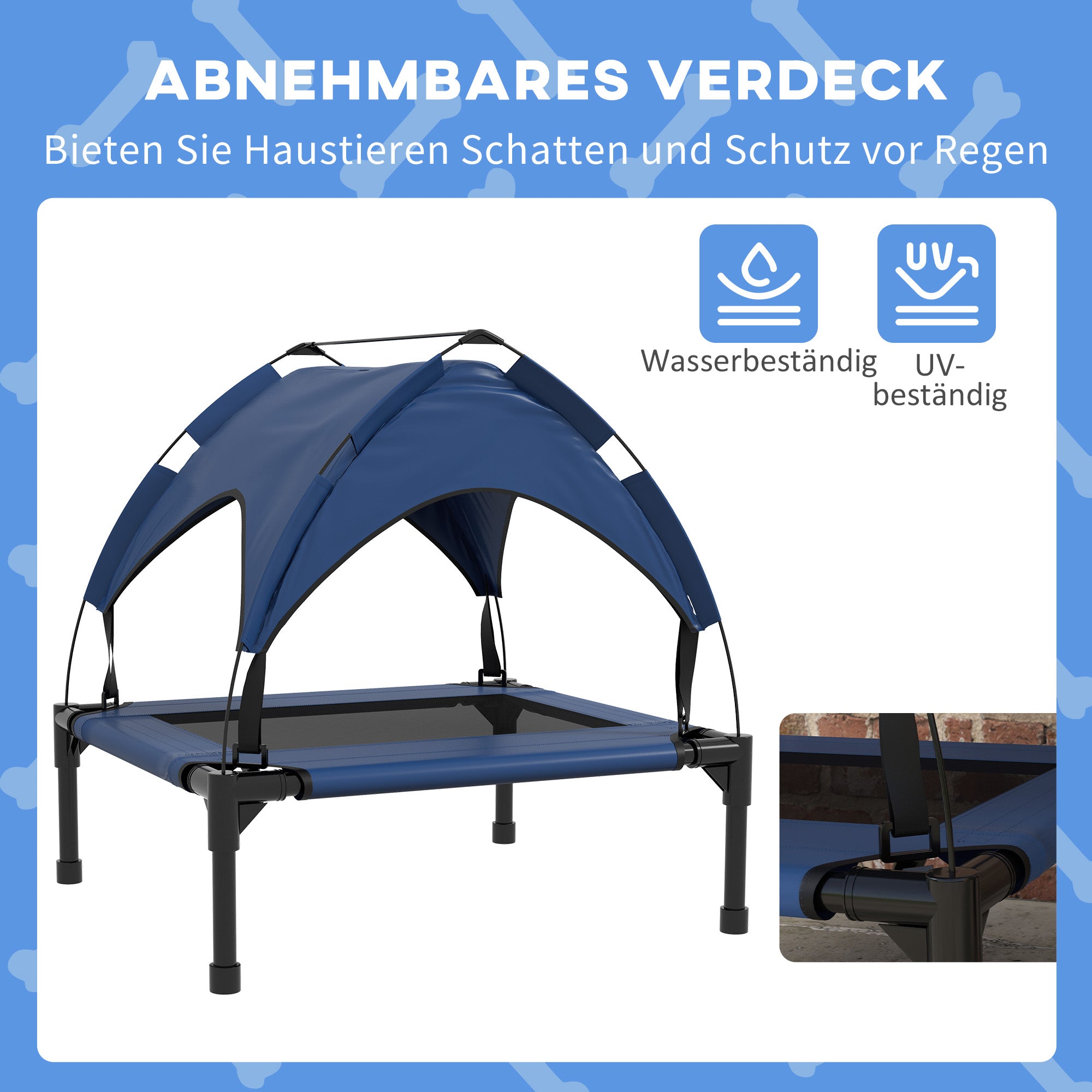 Elevated Dog Bed with Canopy, Pet Bed, Outdoor Dog Lounger with Roof, Breathable, for Small and Medium Dogs Dark Blue Oxford 76 x 61 x 69.5 cm
