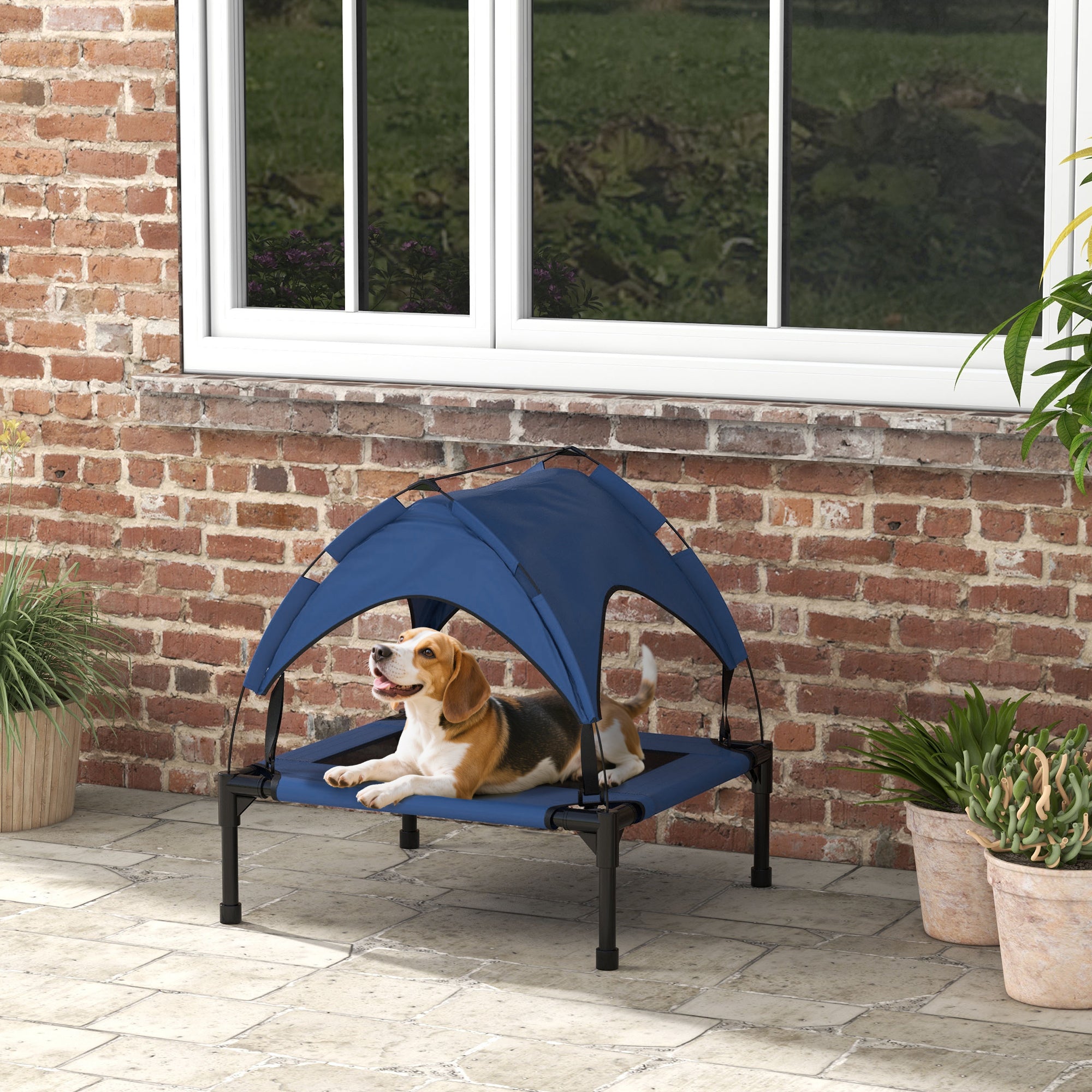 Elevated Dog Bed with Canopy, Pet Bed, Outdoor Dog Lounger with Roof, Breathable, for Small and Medium Dogs Dark Blue Oxford 76 x 61 x 69.5 cm