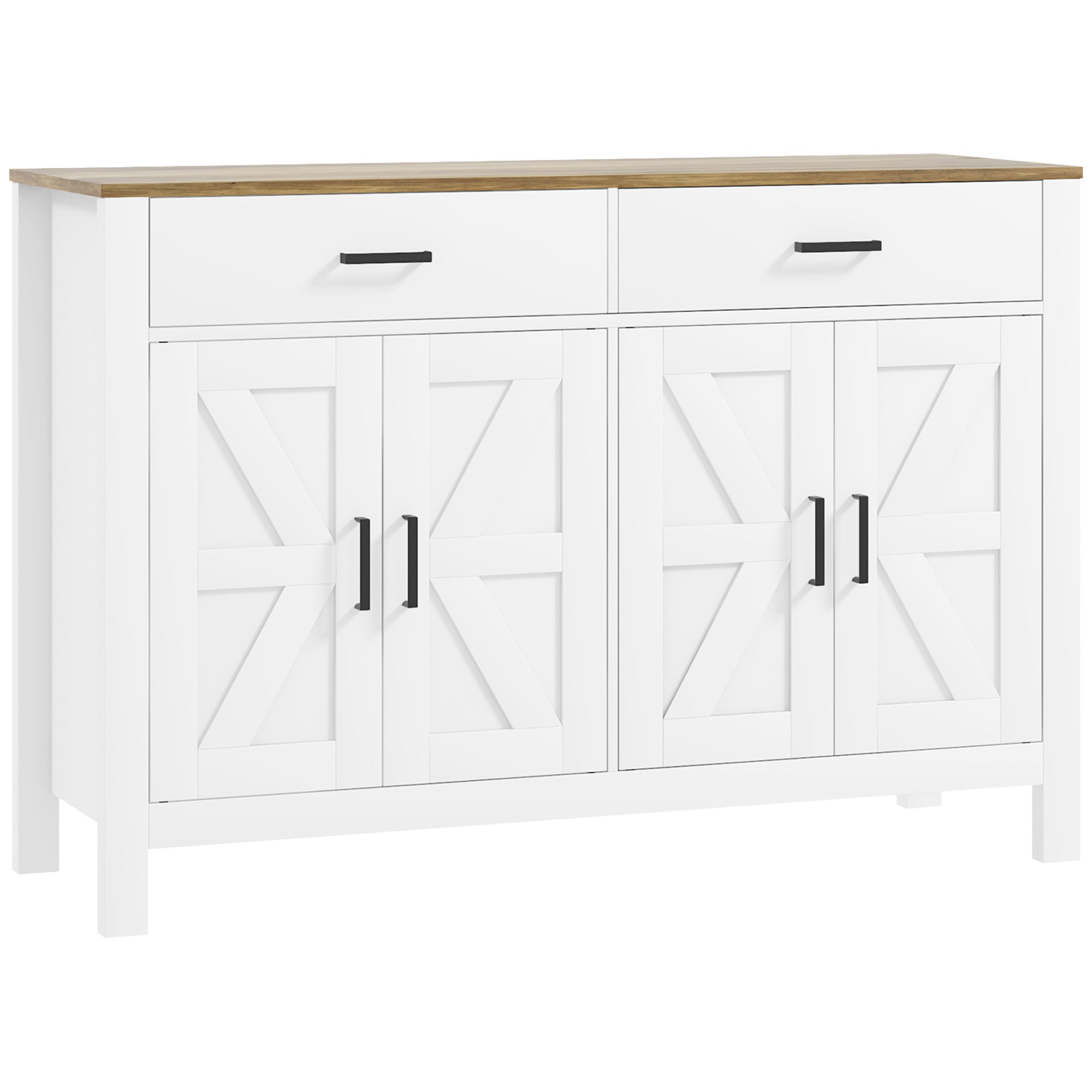 Kitchen Sideboard with 2 Drawers and 2 Cabinets, Rustic Style Buffet with Adjustable Shelves for Living Room and Dining Room, White