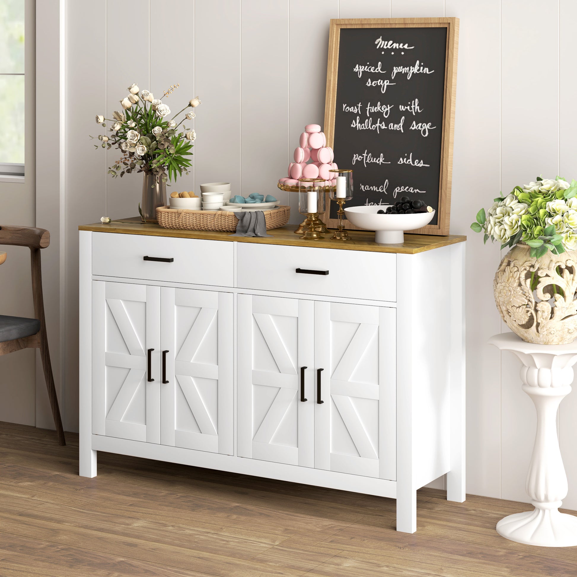Kitchen Sideboard with 2 Drawers and 2 Cabinets, Rustic Style Buffet with Adjustable Shelves for Living Room and Dining Room, White