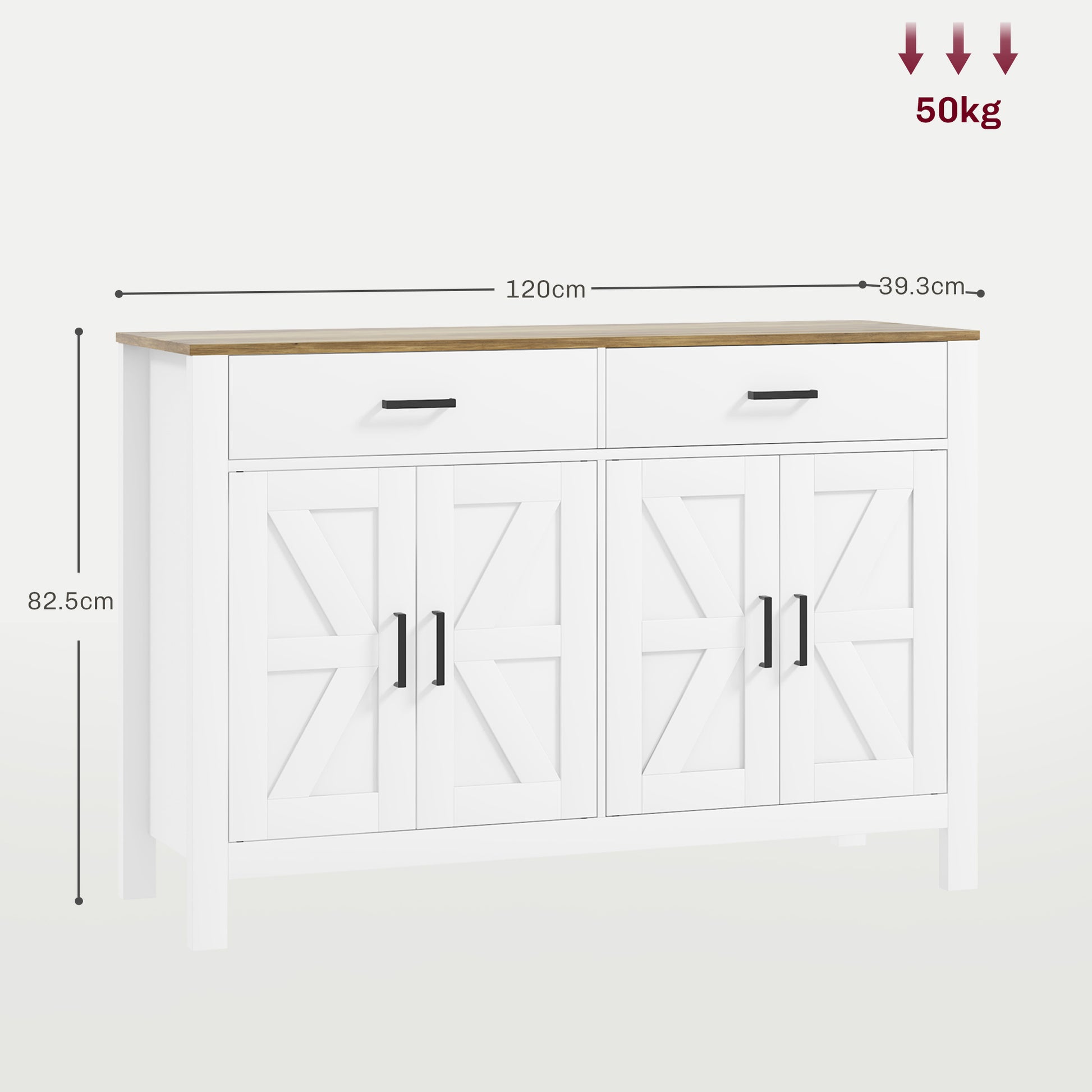 Kitchen Sideboard with 2 Drawers and 2 Cabinets, Rustic Style Buffet with Adjustable Shelves for Living Room and Dining Room, White