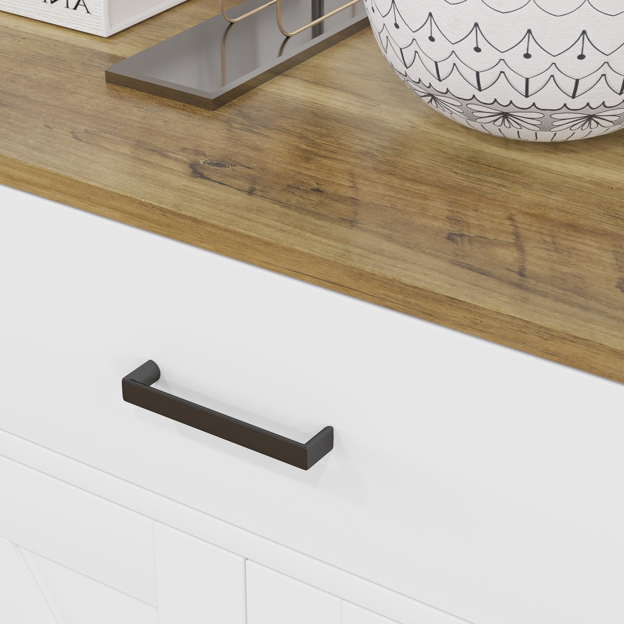 Kitchen Sideboard with 2 Drawers and 2 Cabinets, Rustic Style Buffet with Adjustable Shelves for Living Room and Dining Room, White