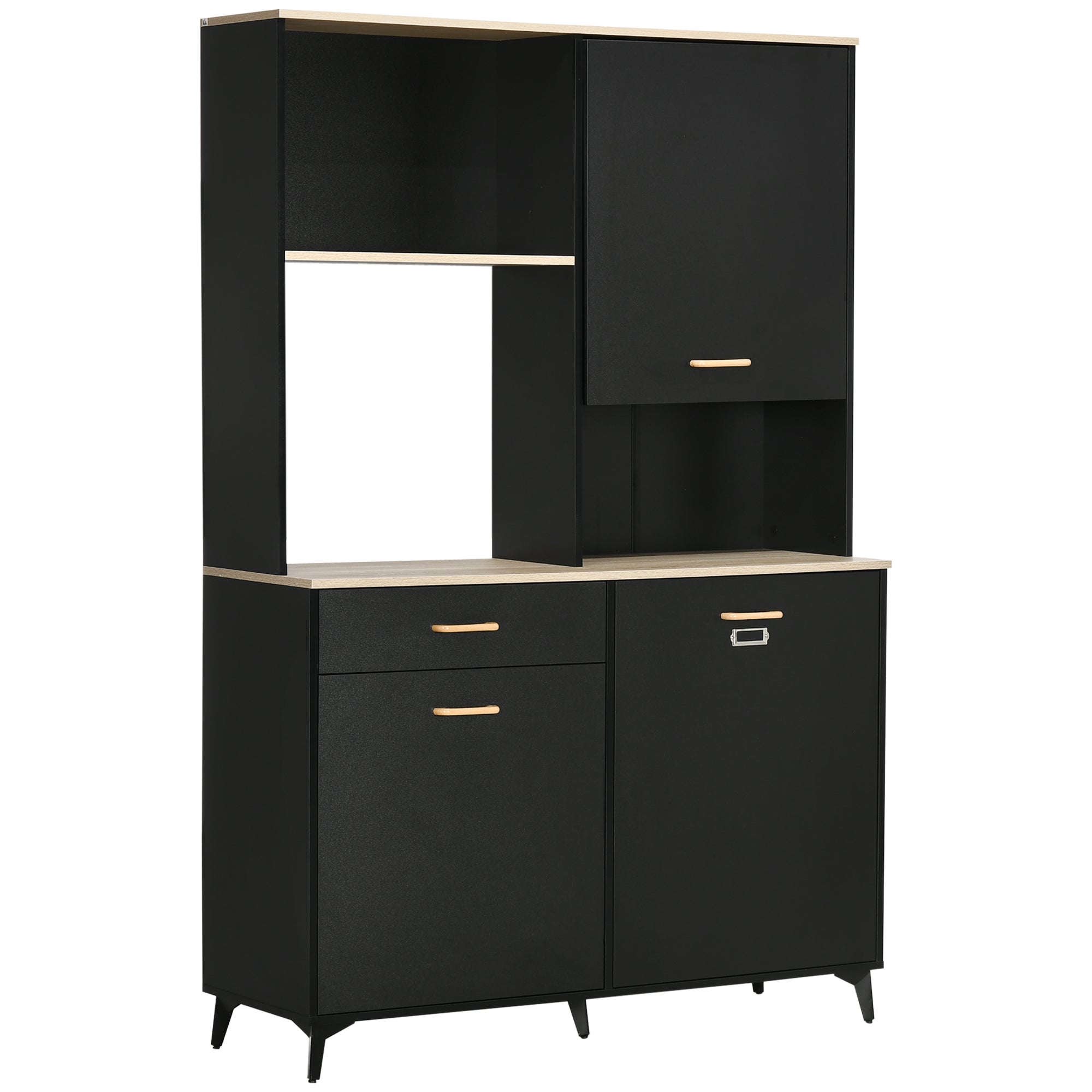 Kitchen Pantry Sideboard with 1 Drawer 3 Doors and Open Storage Modern Style Microwave Stand 119x41x180 cm Black