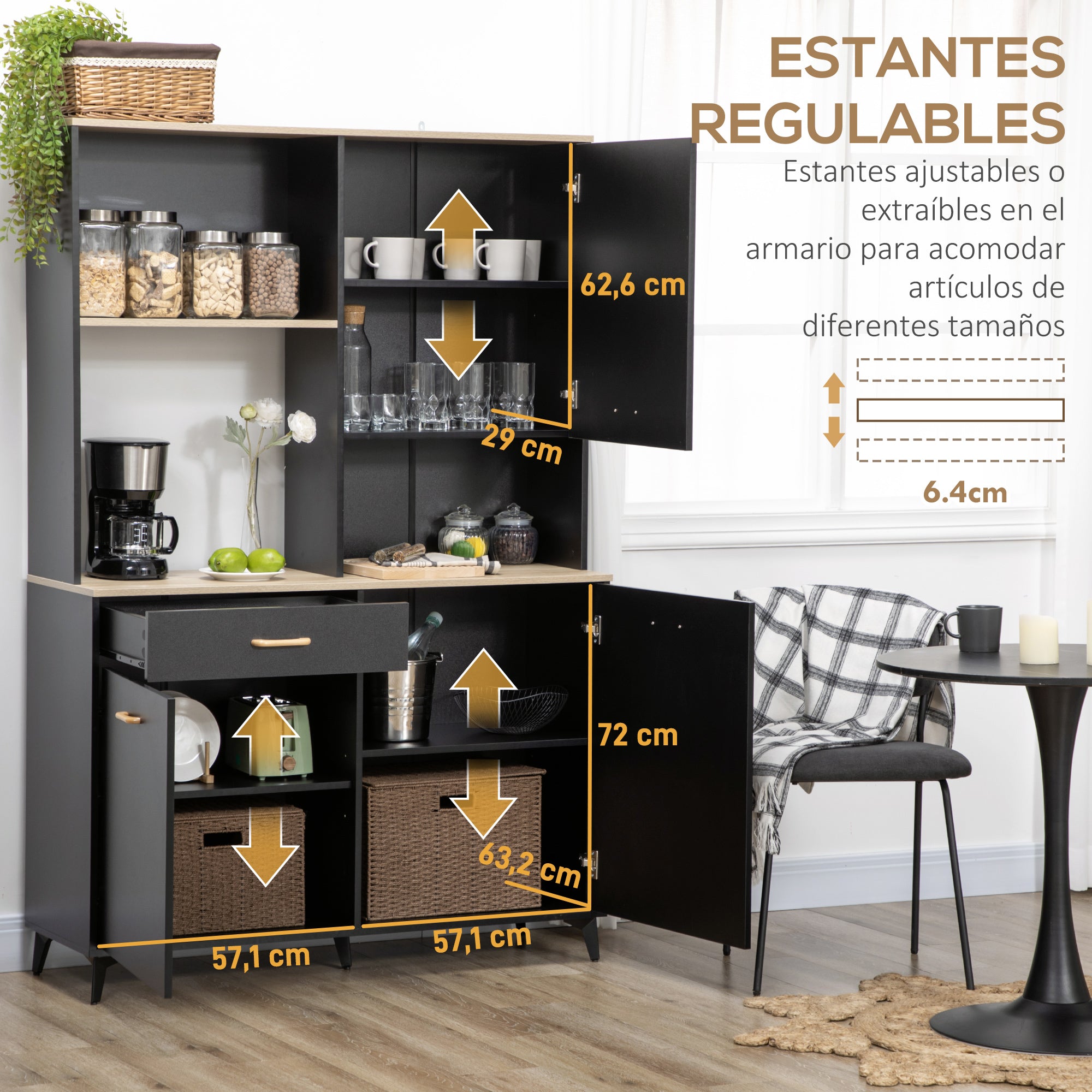 Kitchen Pantry Sideboard with 1 Drawer 3 Doors and Open Storage Modern Style Microwave Stand 119x41x180 cm Black