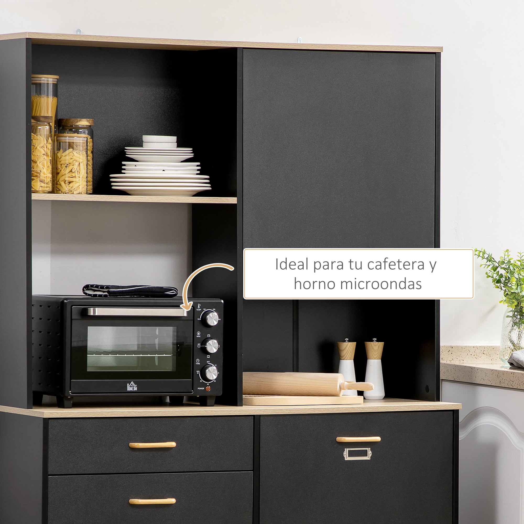 Kitchen Pantry Sideboard with 1 Drawer 3 Doors and Open Storage Modern Style Microwave Stand 119x41x180 cm Black