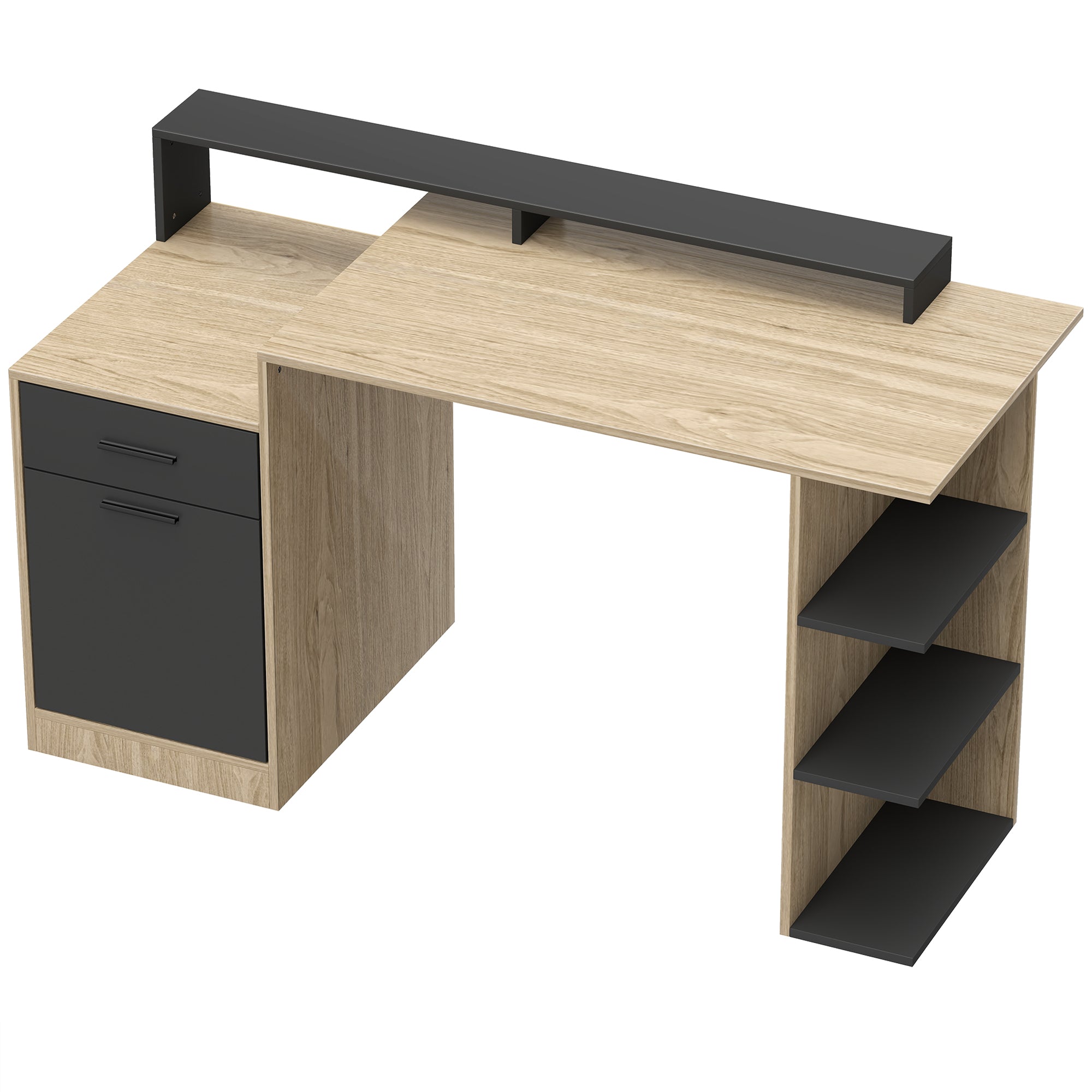 140x60 cm Computer Desk with Drawers, Headphone Hook, Cabinet & Shelves — Oak/Black