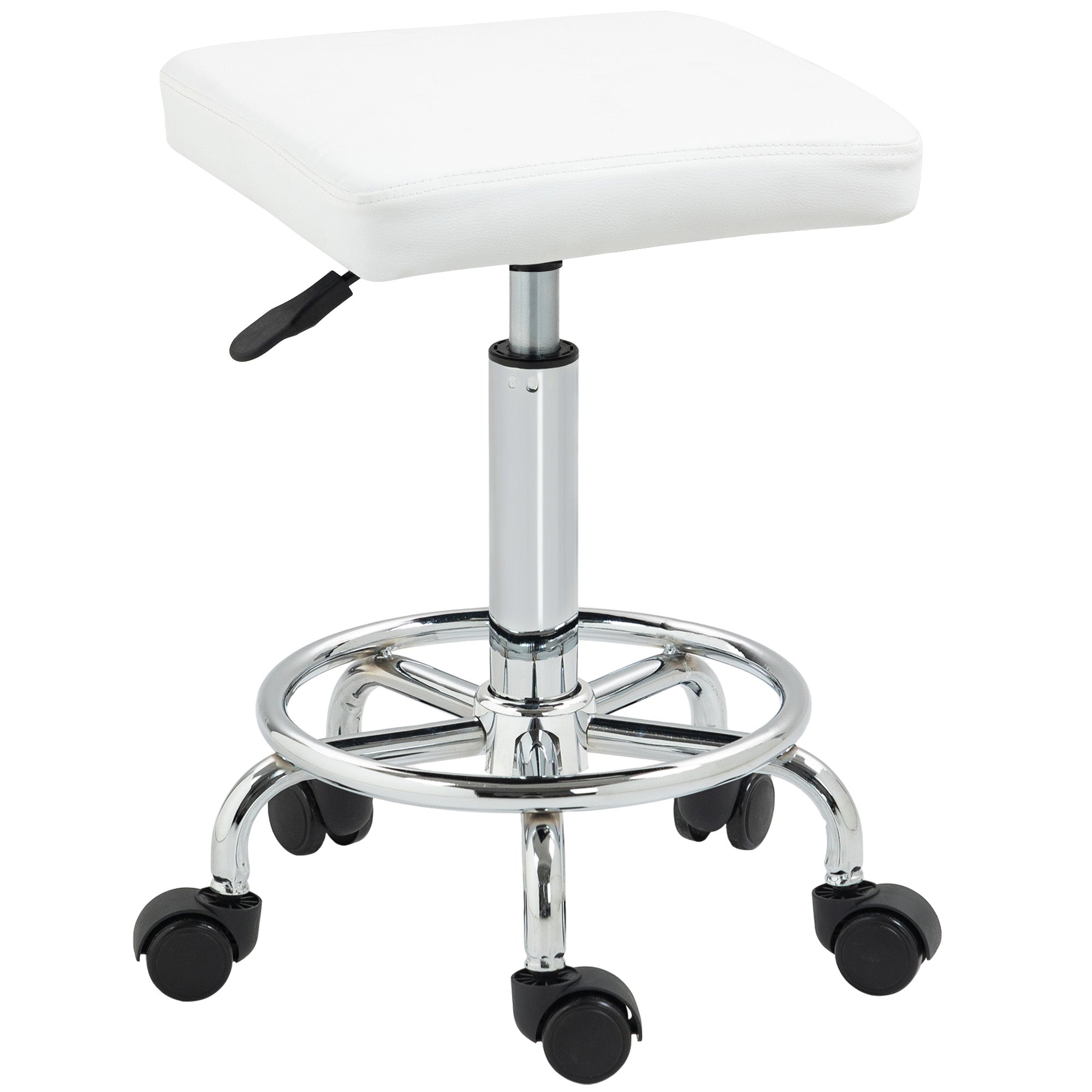 Swivel Stool with Wheels Adjustable Height 50-66 cm Upholstered Seat PU Leather Footrest for Living Rooms and Workshops White
