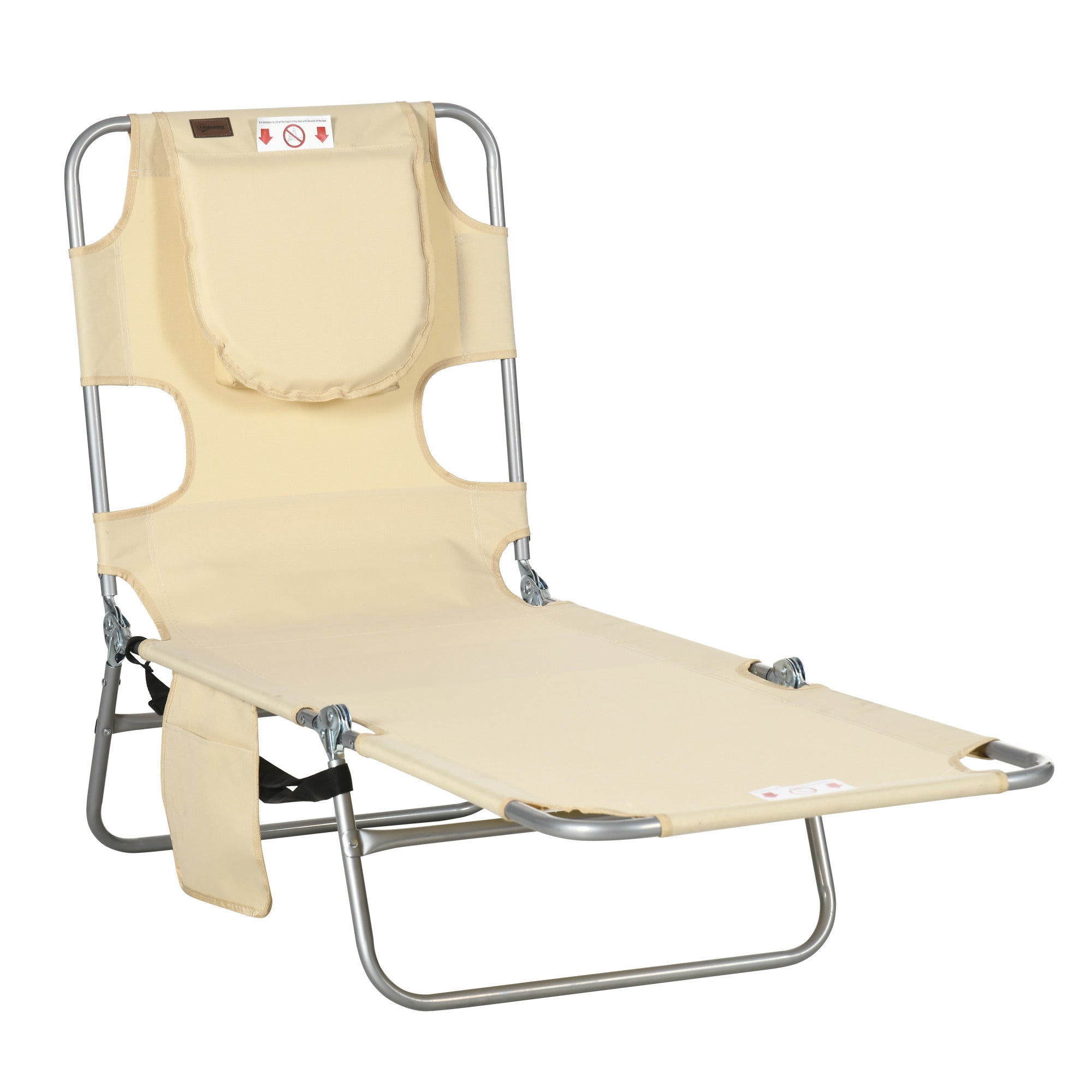 Folding Sun Lounger with Face Cradle & Head Pillow, 5-Position Adjustable Backrest, Weather-Resistant Camping/Garden/Pool Lounger up to 265 lb, Beige