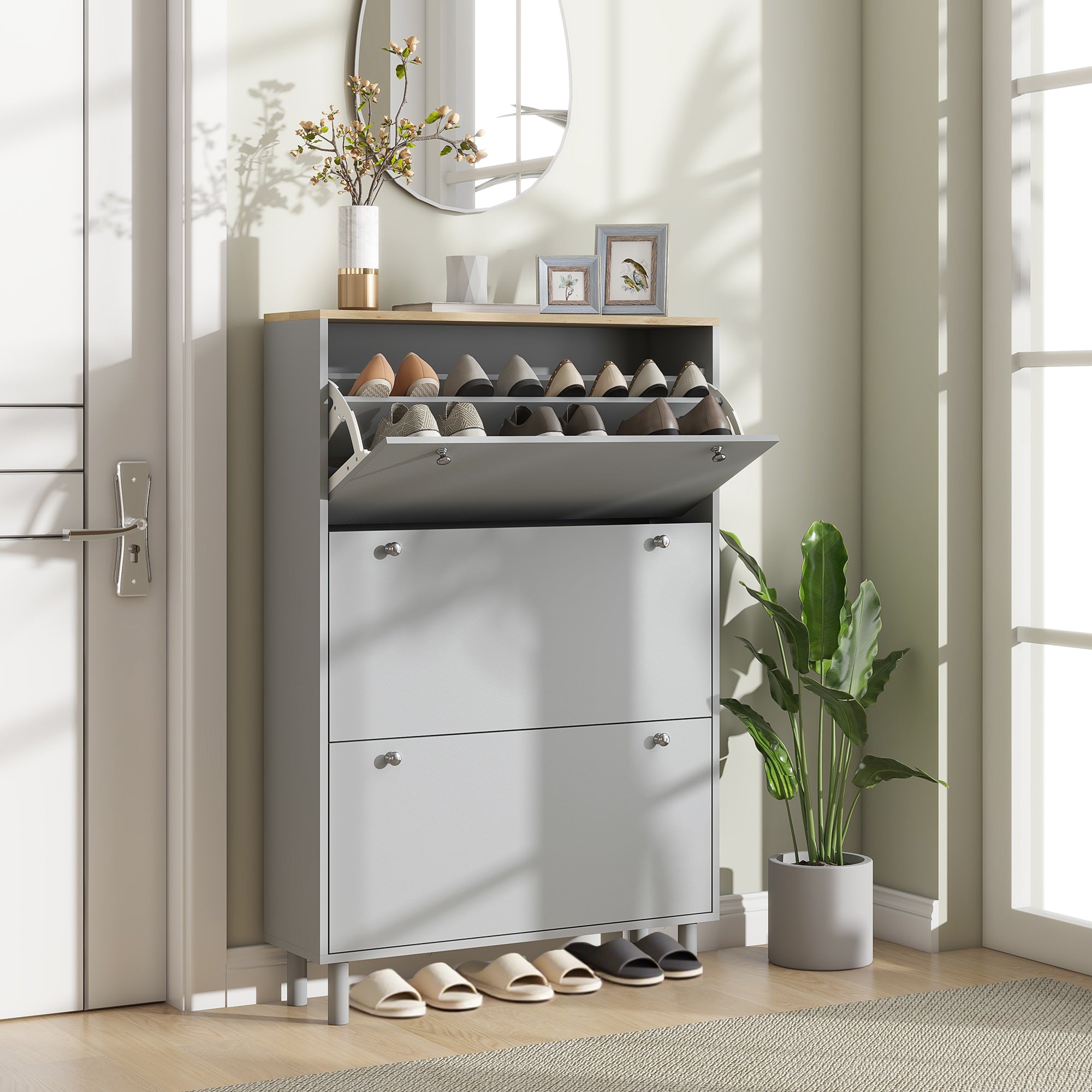 Shoe Cabinet for 24 Pairs, Narrow Shoe Cabinet, Entryway Furniture with 3 Tilting Drawers and Adjustable Shelves, for Hallway and Entrance, 80x23.5x121cm, Gray