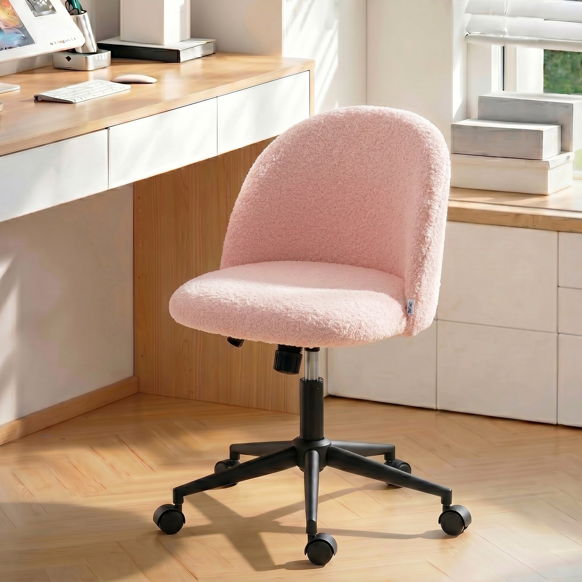 Height-Adjustable Teddy Fleece Office Chair with Swivel Casters & Tilt, Up to 265 lb — Pink Vanity/Desk Chair