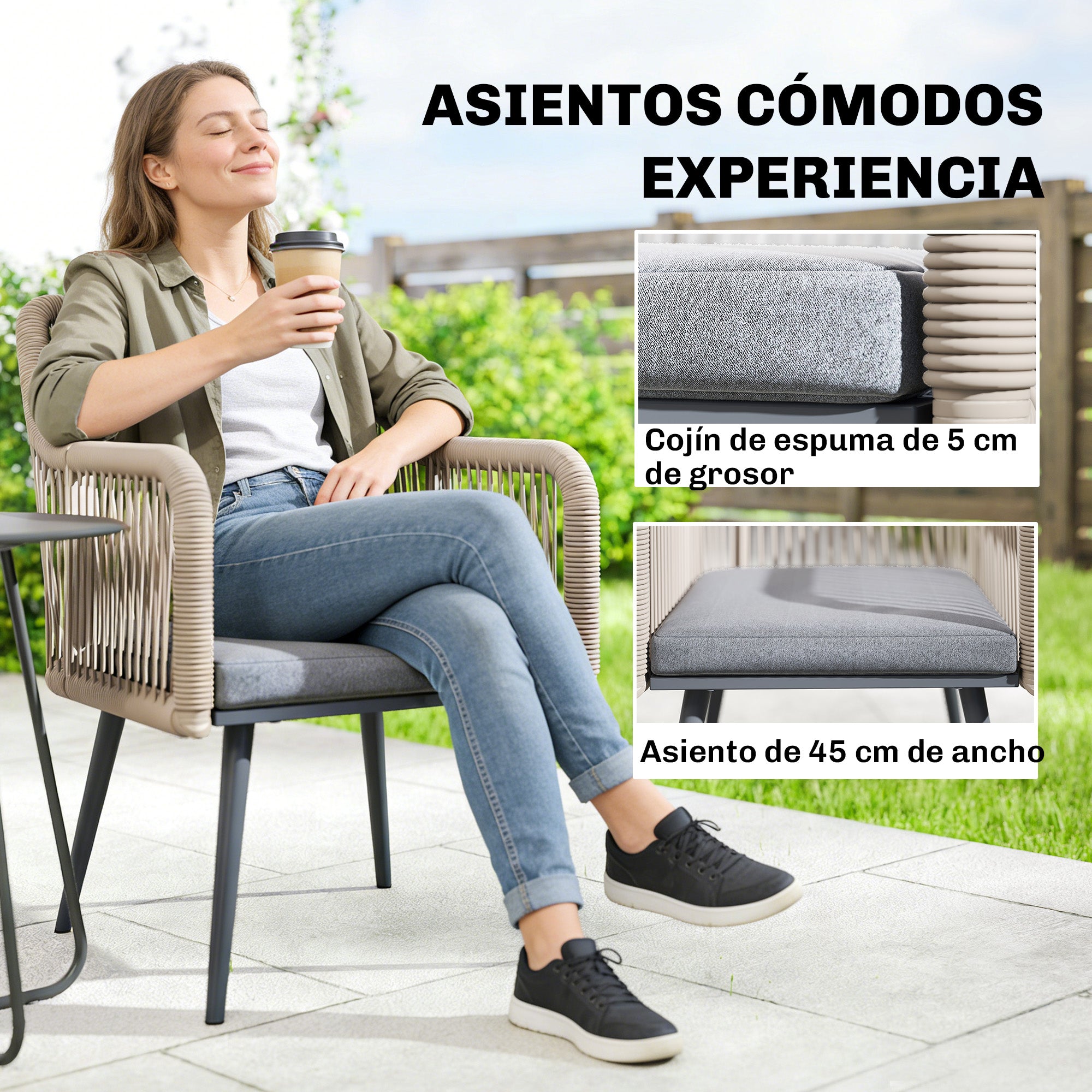 Set of 2 Outdoor Rattan Garden Chairs with Cushions, Armrests & Steel Frame — Weather-Resistant for Balcony/Patio, Light Gray (21.3 x 25.6 x 31.5 in)